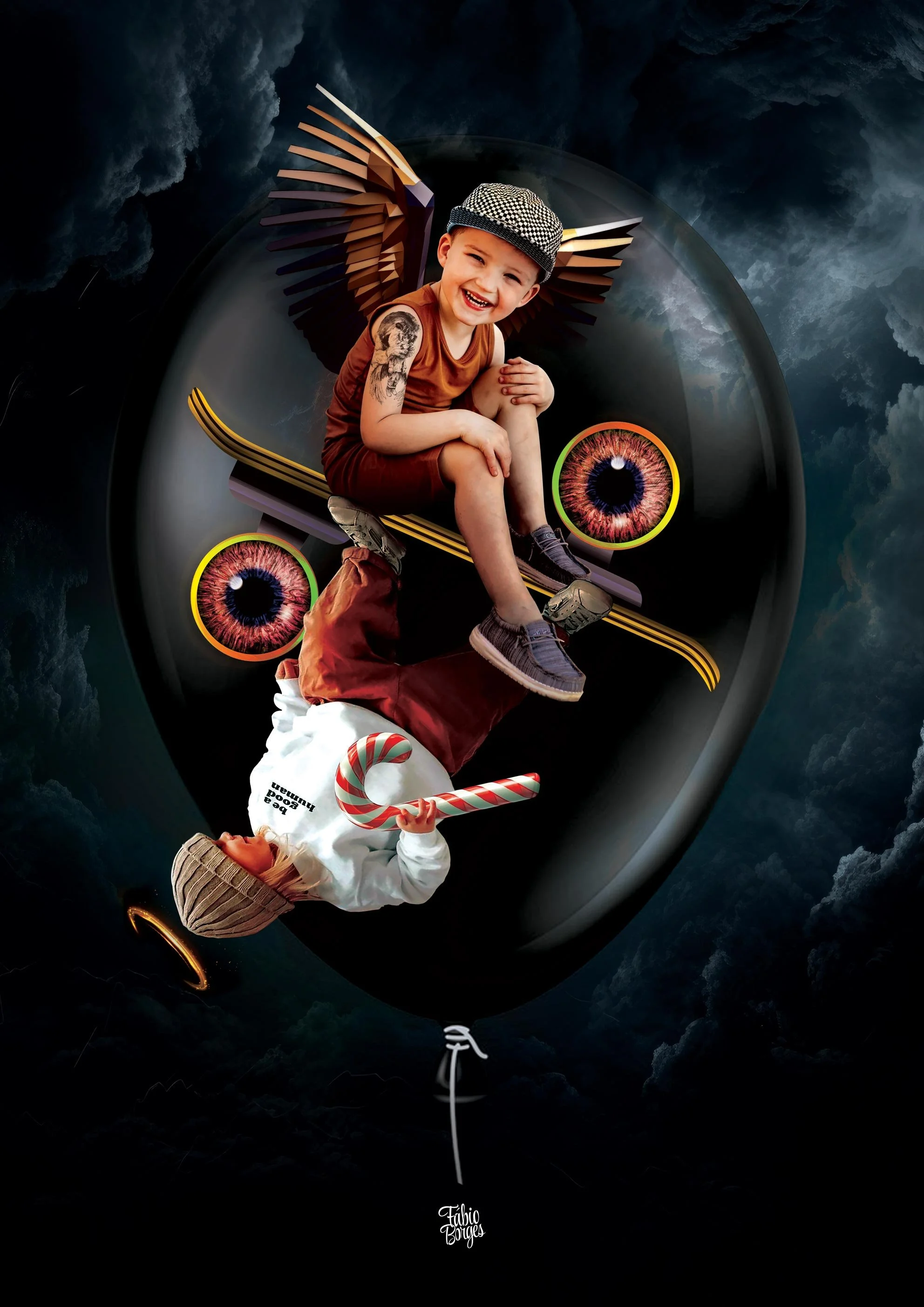 Digital artwork of two children, one sitting on the other's shoulders, with abstract elements like large colorful eyes, a balloon, and dark cloud background. Erês by Fabio Borges