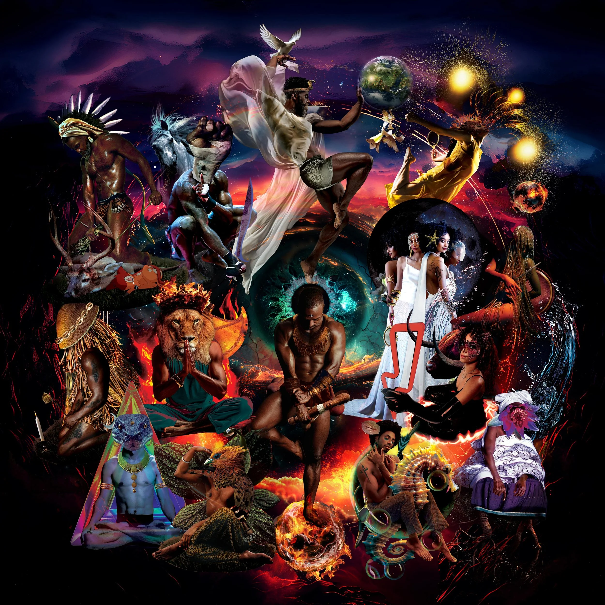 Congá of orishas and entities by Fabio Borges. A digitally manipulated collage of diverse people and mythological gods in vibrant, surreal scenes with a cosmic background.