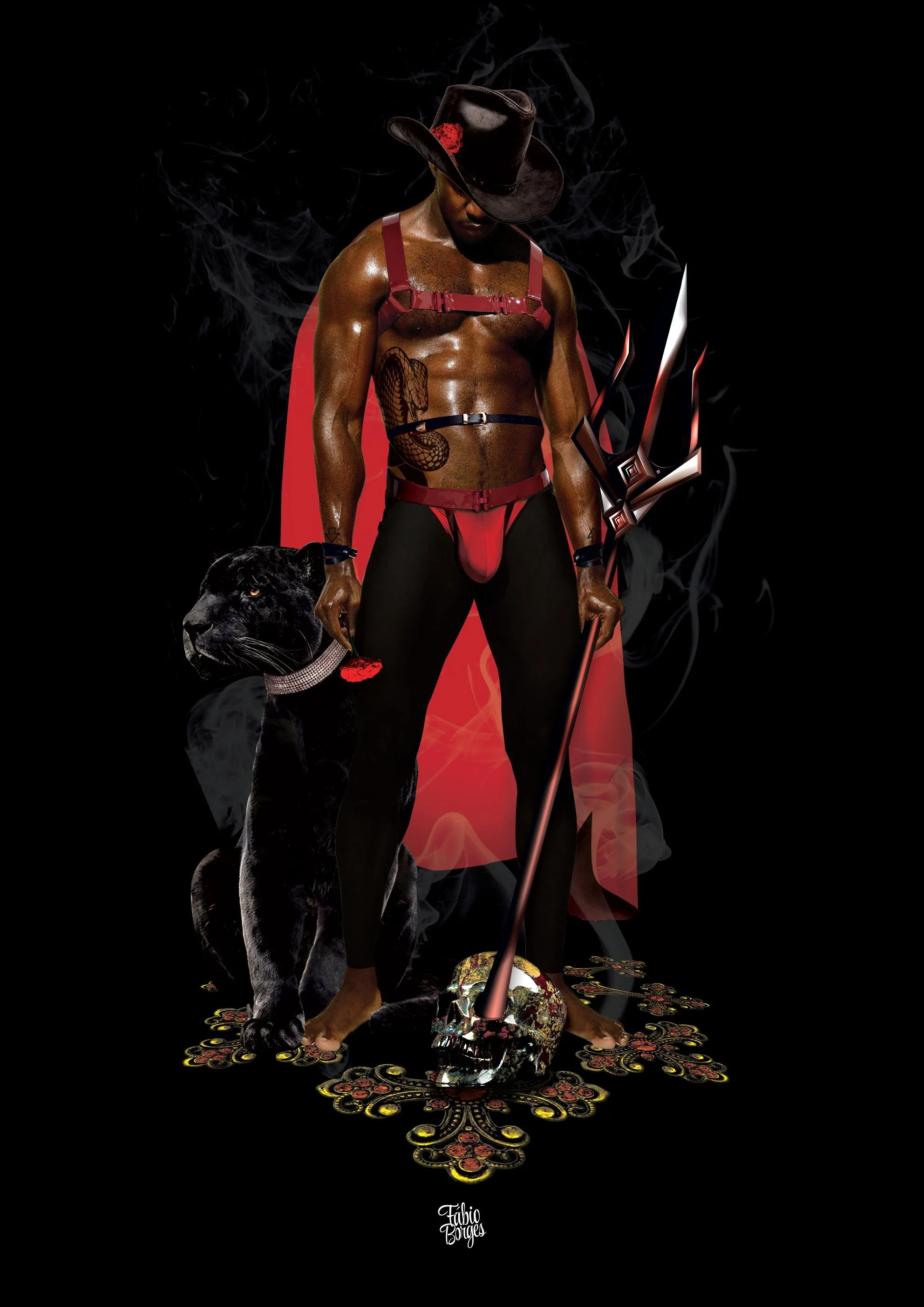 A man with a snake tattoo on his chest, wearing a red harness, black leggings, a red loincloth, a cowboy hat with a red flower, holding a trident and a collar with a red charm, standing beside a black panther with a diamond collar. by Fabio Borges