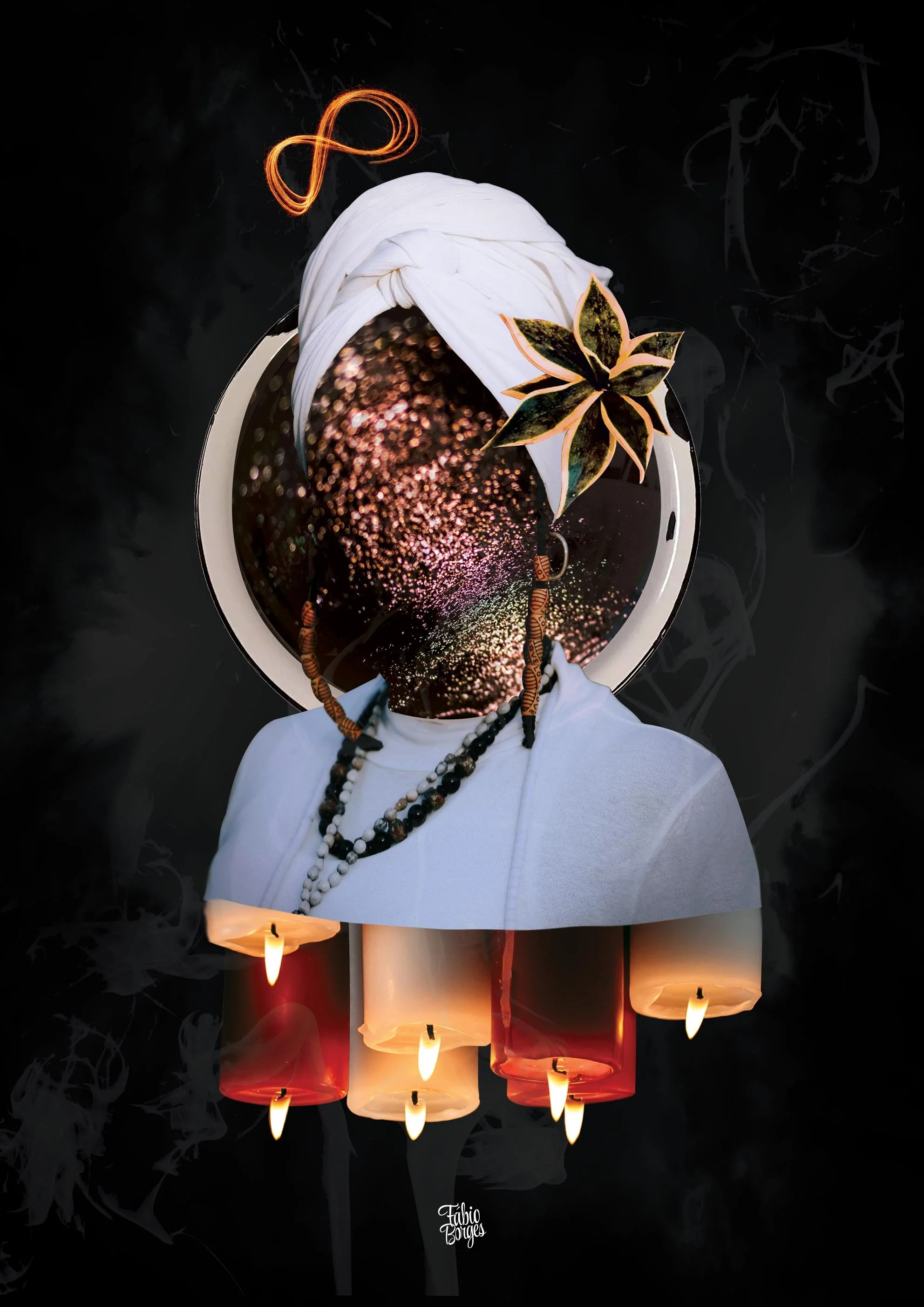 A surreal image of a person, reflecting galaxy-like sparkles, dressed in white, with candles hanging from a white cloth around the neck, a star shaped leaf on the helmet, and a glowing infinity symbol above. Preta Velha by Fabio Borges