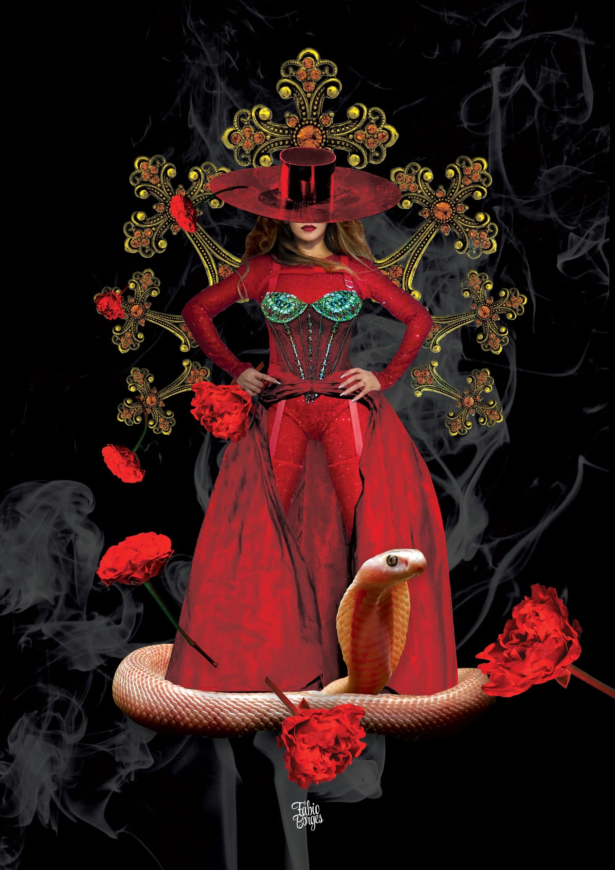 Pombagira dressed in elaborate red, green, and black costume with a large wide-brimmed red hat, standing with hands on hips against a dark background with swirling smoke. by Fabio Borges