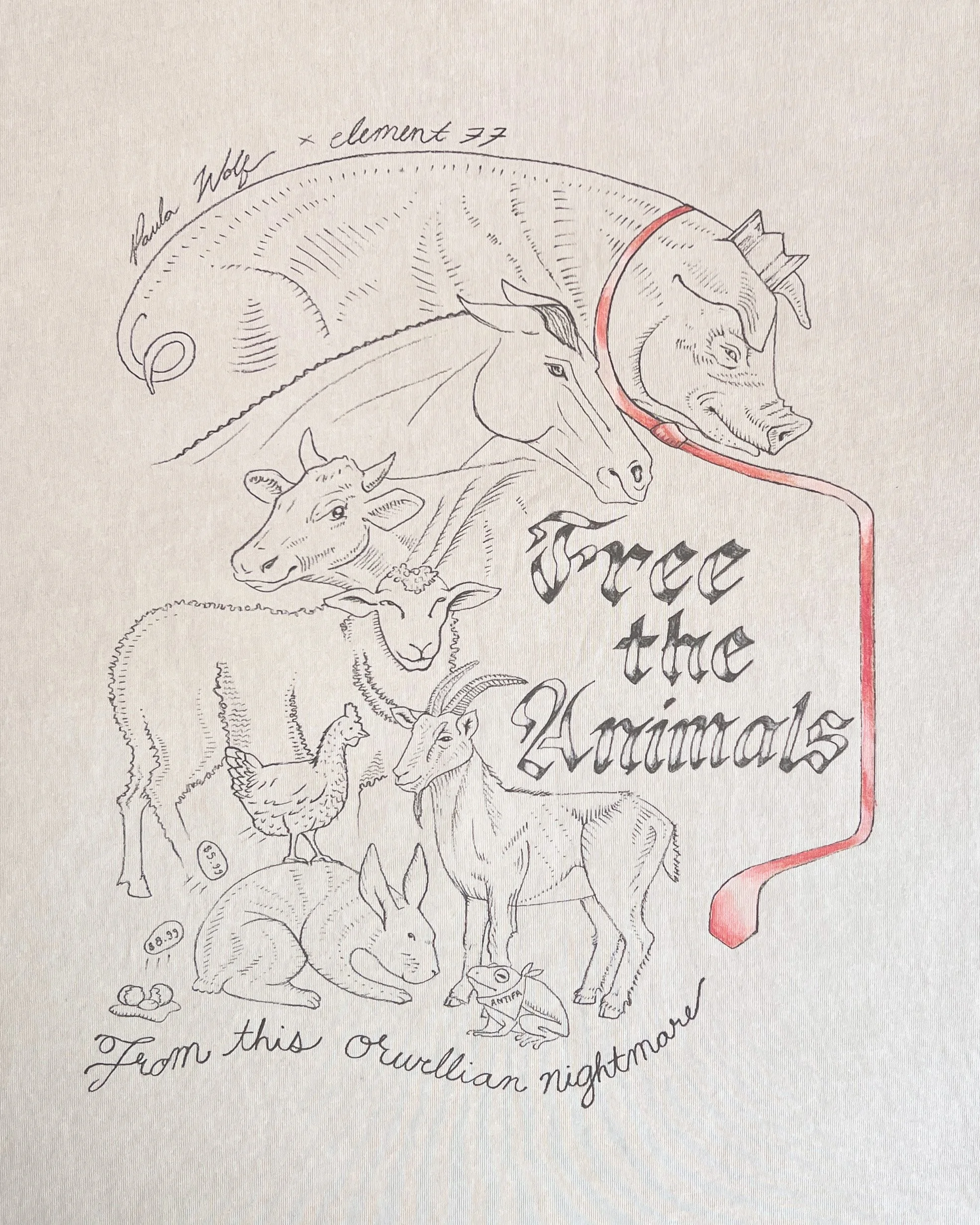 close up of "free the animals" graphic.