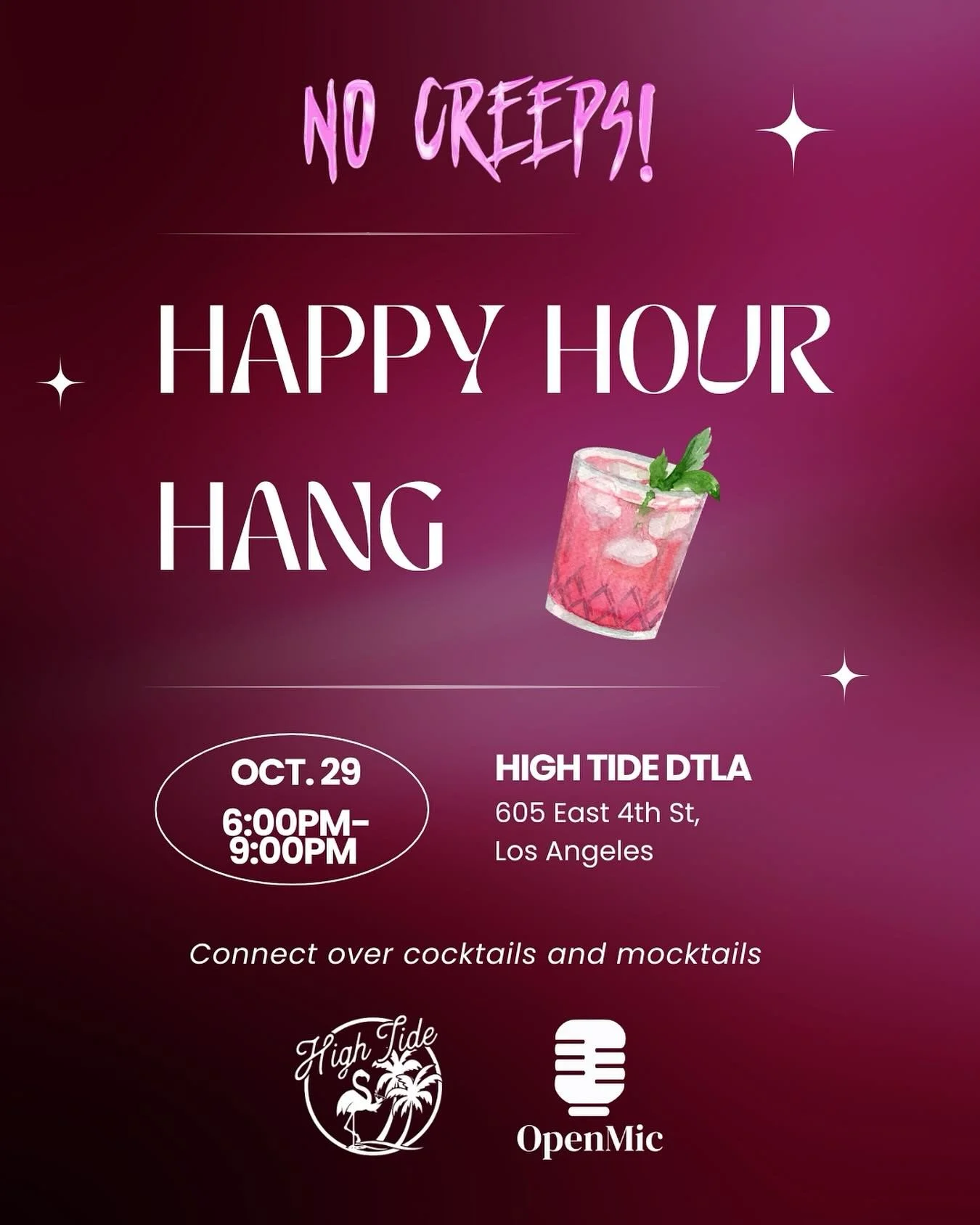 Join us for a spooky happy hour with @getopenmic at @hightidedtla! 

Enjoy mocktails and cocktails with old and new friends in the No Creeps! community. We will also have a fun community convo and a special Halloween raffle courtesy of Open Mic! See 