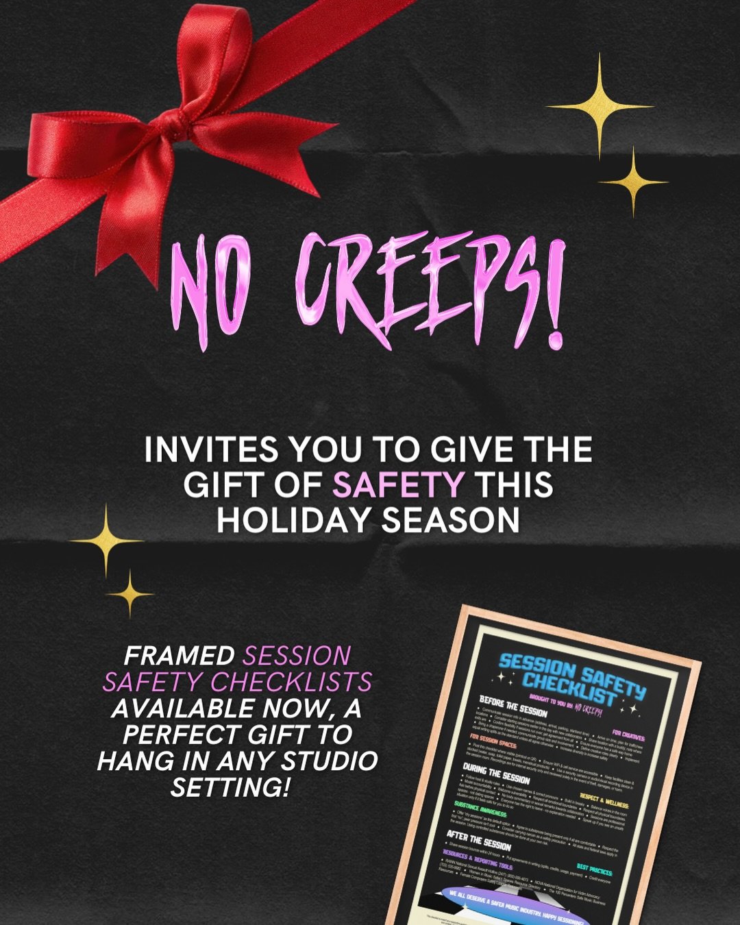 The best gift you can give someone is a safer session environment! 💝 Purchase a framed version of our Session Safety Checklist for your favorite studio space. Comment &ldquo;safety&rdquo; to get a link to purchase! ✨

#nocreeps #musicstudio #musicin