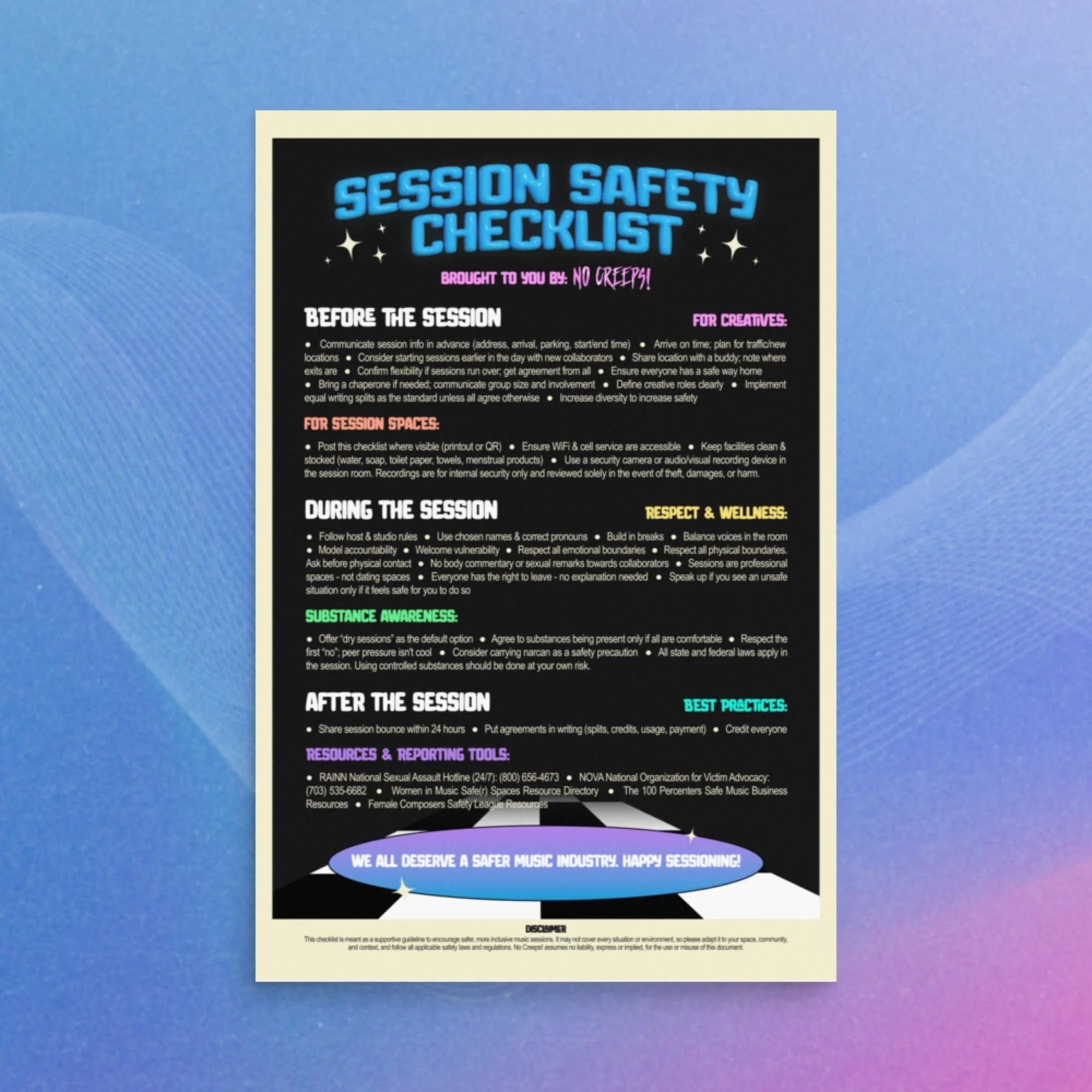 No Creeps! Session Safety Checklist Poster