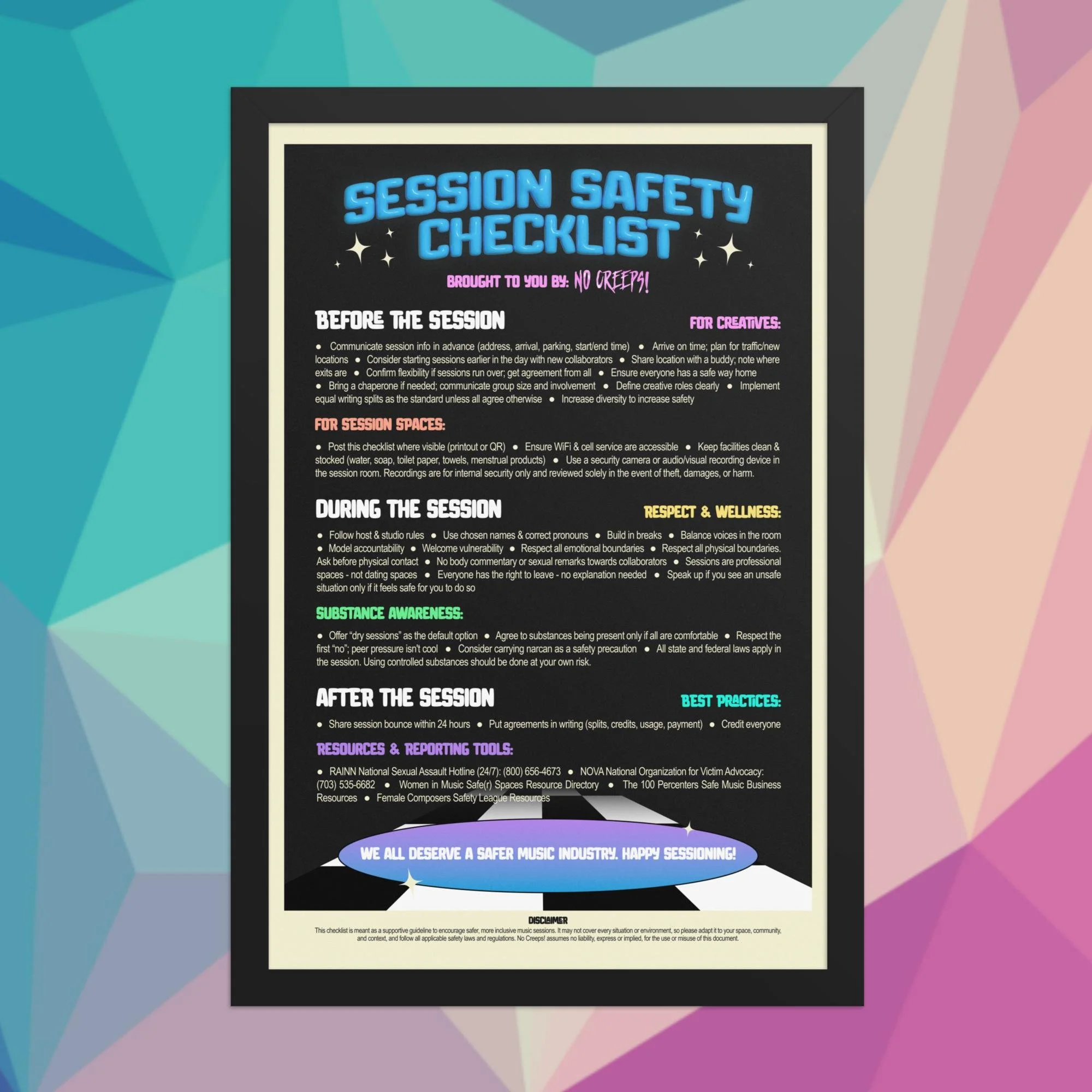 No Creeps! Session Safety Checklist Framed Poster