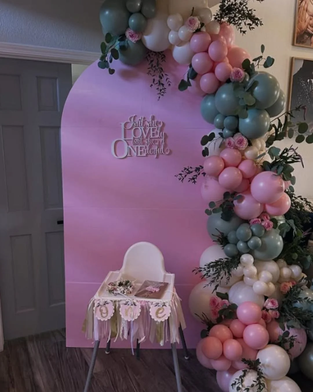 First Birthday Backdrop and Balloons