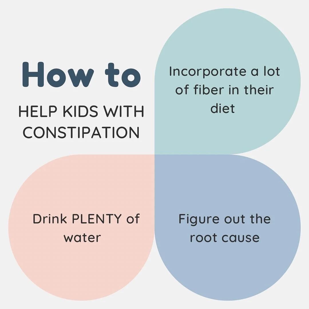 Parents if your child is struggling with constipation, you are not alone! Try these tips: 
💦 Water intake! Without enough water, constipation will not go away. We need water to help keep stools loose. 
🍎 🥦 Fiber! It can be hard sometimes to get