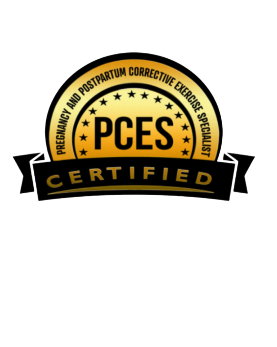 Gold and black certification badge for Pregnant and Postpartum Corrective Exercise Specialist with the acronym PCES and the word 'Certified' on a black ribbon.
