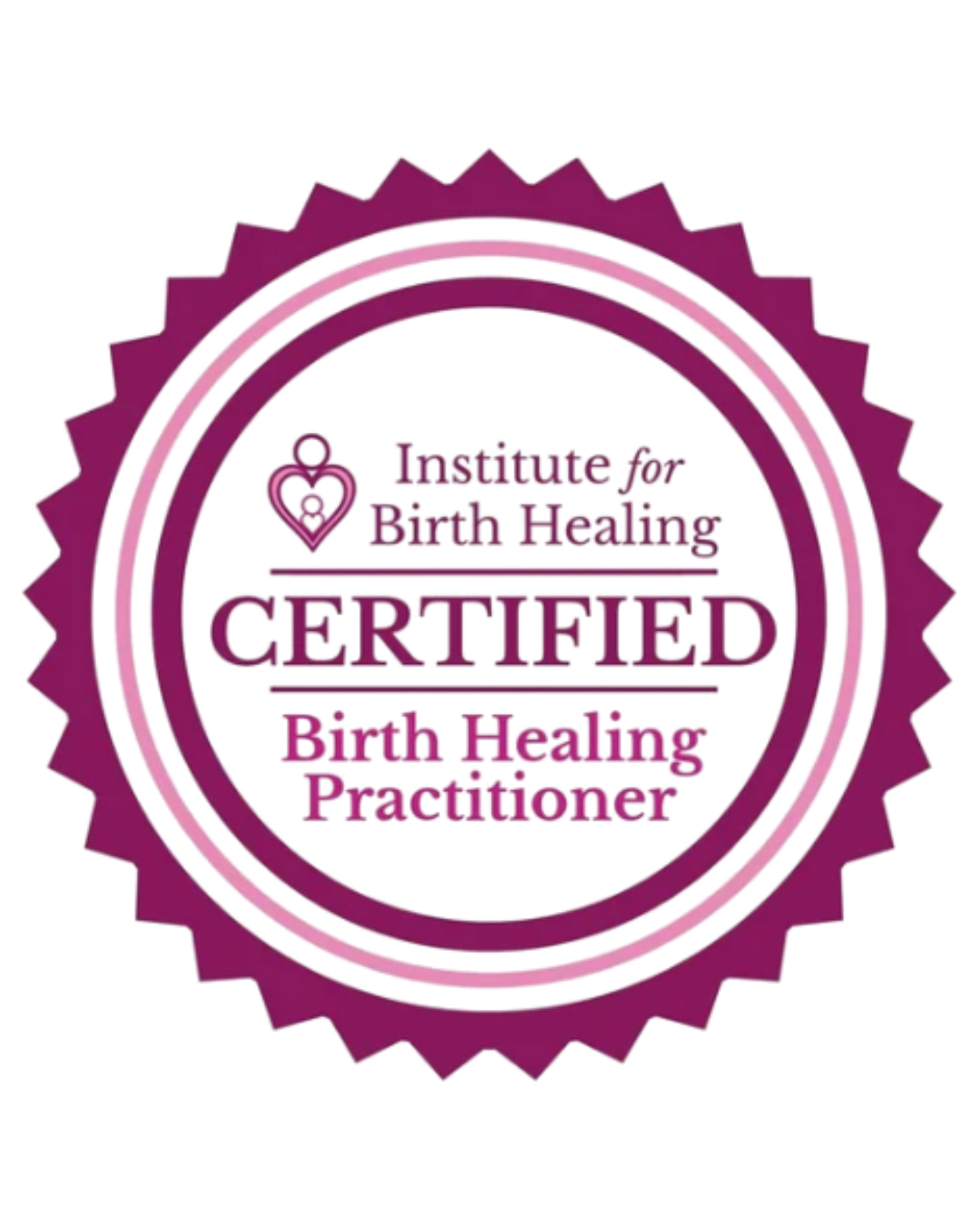 Certification badge with text 'Initiate for Birth Healing', 'Certified', and 'Birth Healing Practitioner' in a purple glowing design.