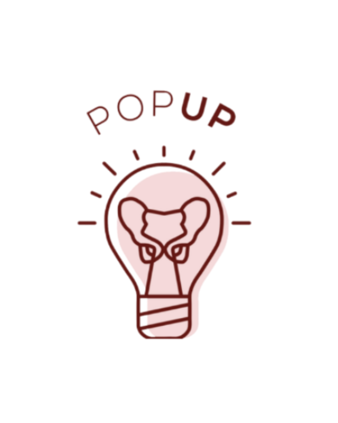 A stylized illustration of a light bulb with the word 'POPUP' above it, incorporating the outline of the female reproductive system inside the bulb.