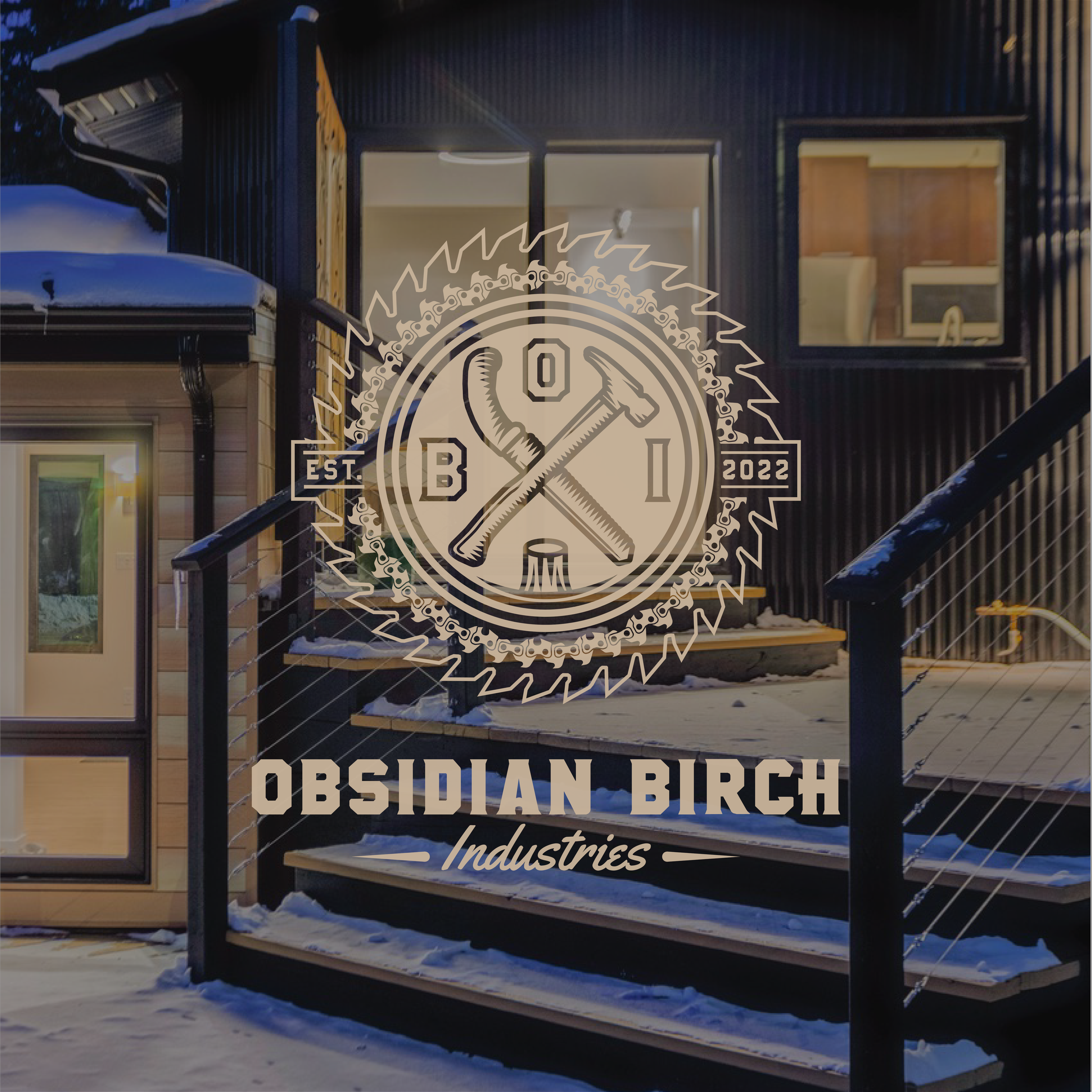 Obsidian Birch logo overlay on an image of a full exterior remodel of a home.
