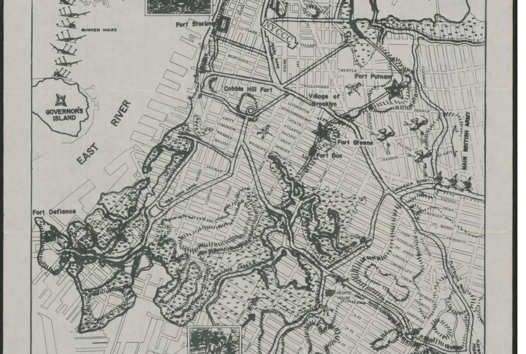  Battle of Brooklyn key locations overlaid on present era street grid. 