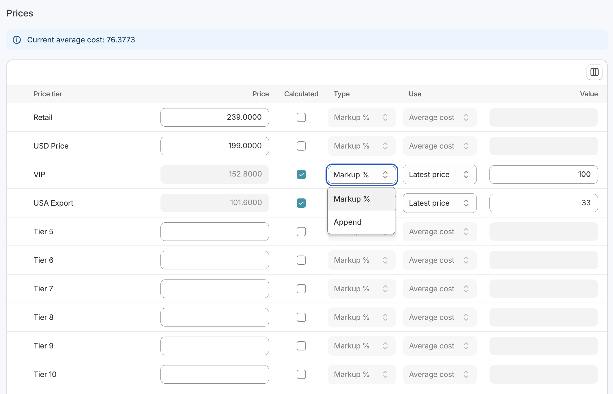 Price Tier setup screen against a product in Cin7 Core
