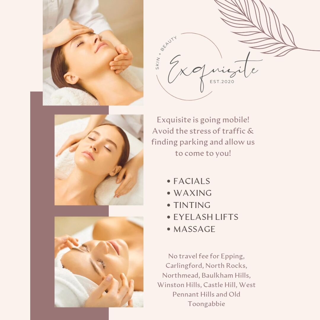 EXQUISITE IS GOING MOBILE!
Monday's 
Wednesday's
Friday's 
Saturday's 
.
For those who struggle to get into salon - kids, work, transport, you name it... allow us to come to you! 
.
Providing heavenly facials designed to relax, refresh and renew 🙌
W