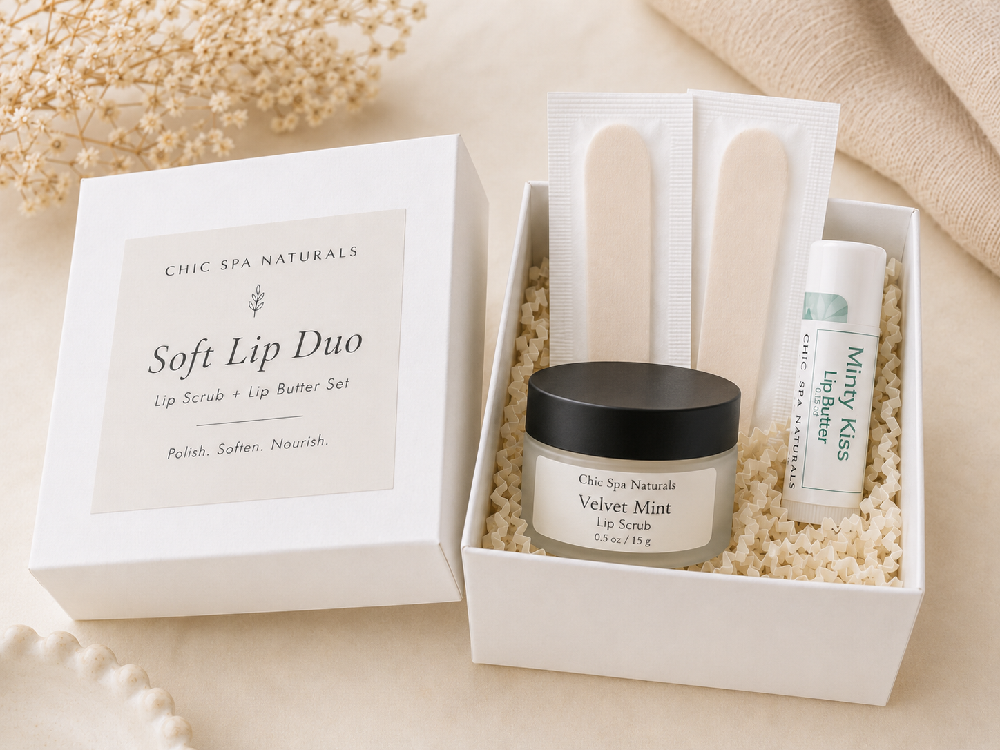 Soft Lip Duo with Velvet Mint Lip Scrub and Minty Kiss Lip Butter by Chic Spa Naturals
