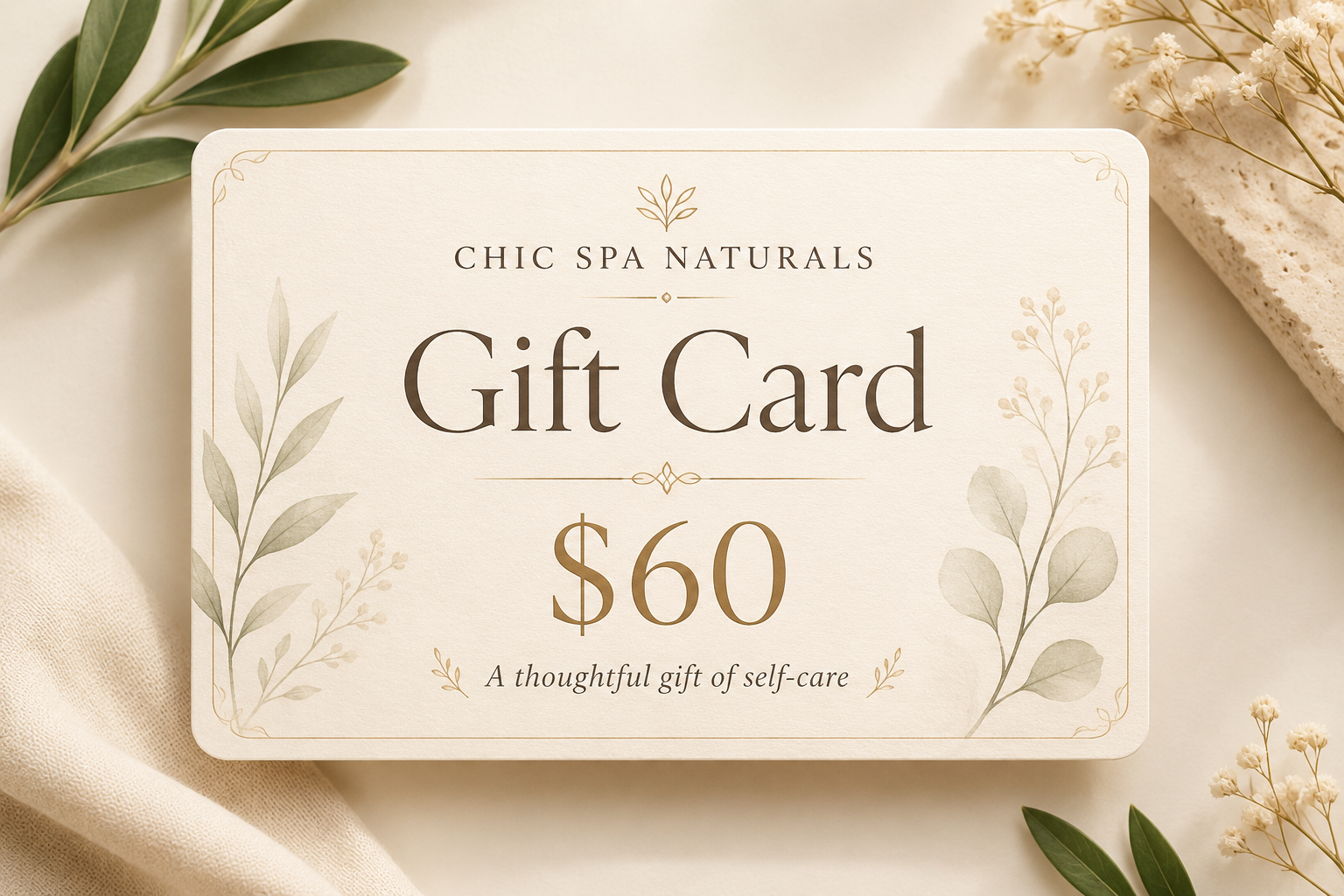 Chic Spa Naturals $60 digital gift card for handcrafted skincare and self-care products