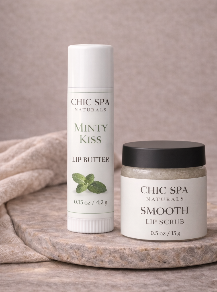 Soft Lip Duo with Minty Kiss Lip Butter and Smooth Lip Scrub by Chic Spa Naturals