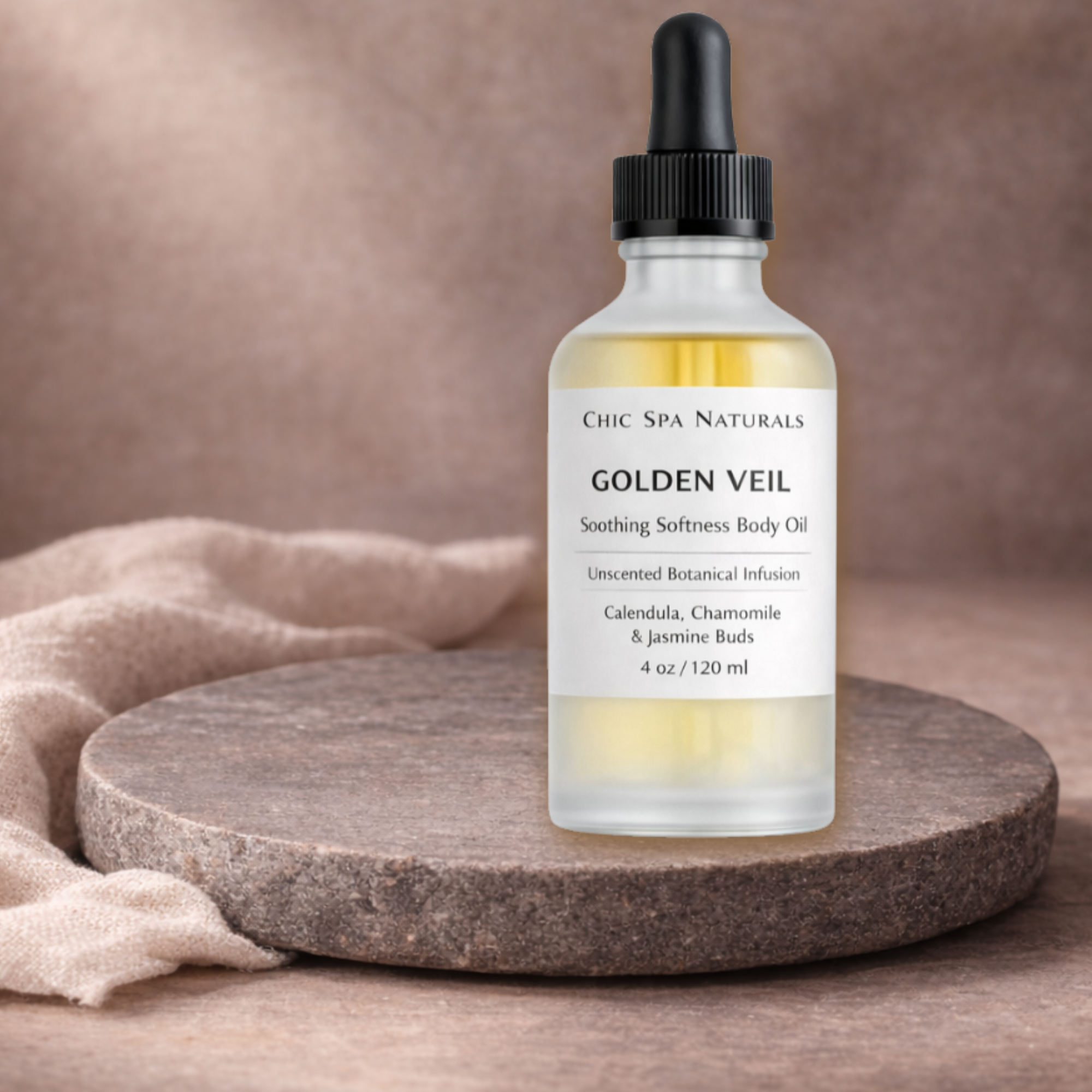 Golden Veil soothing softness body oil in 4 oz frosted dropper bottle