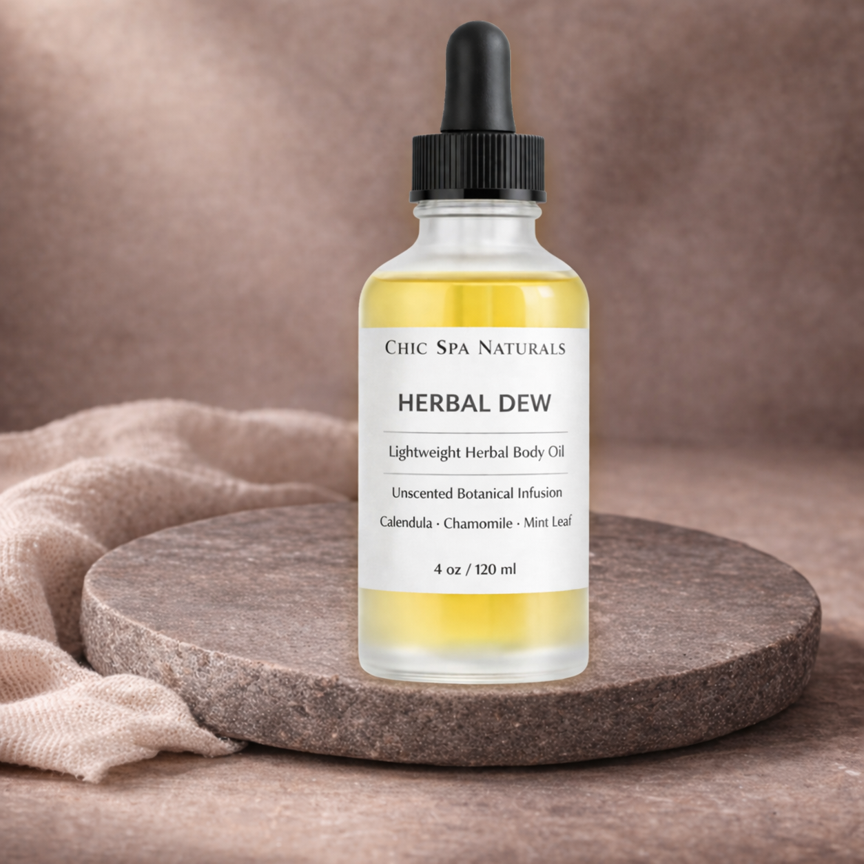 Herbal Dew lightweight herbal body oil in 4 oz frosted dropper bottle