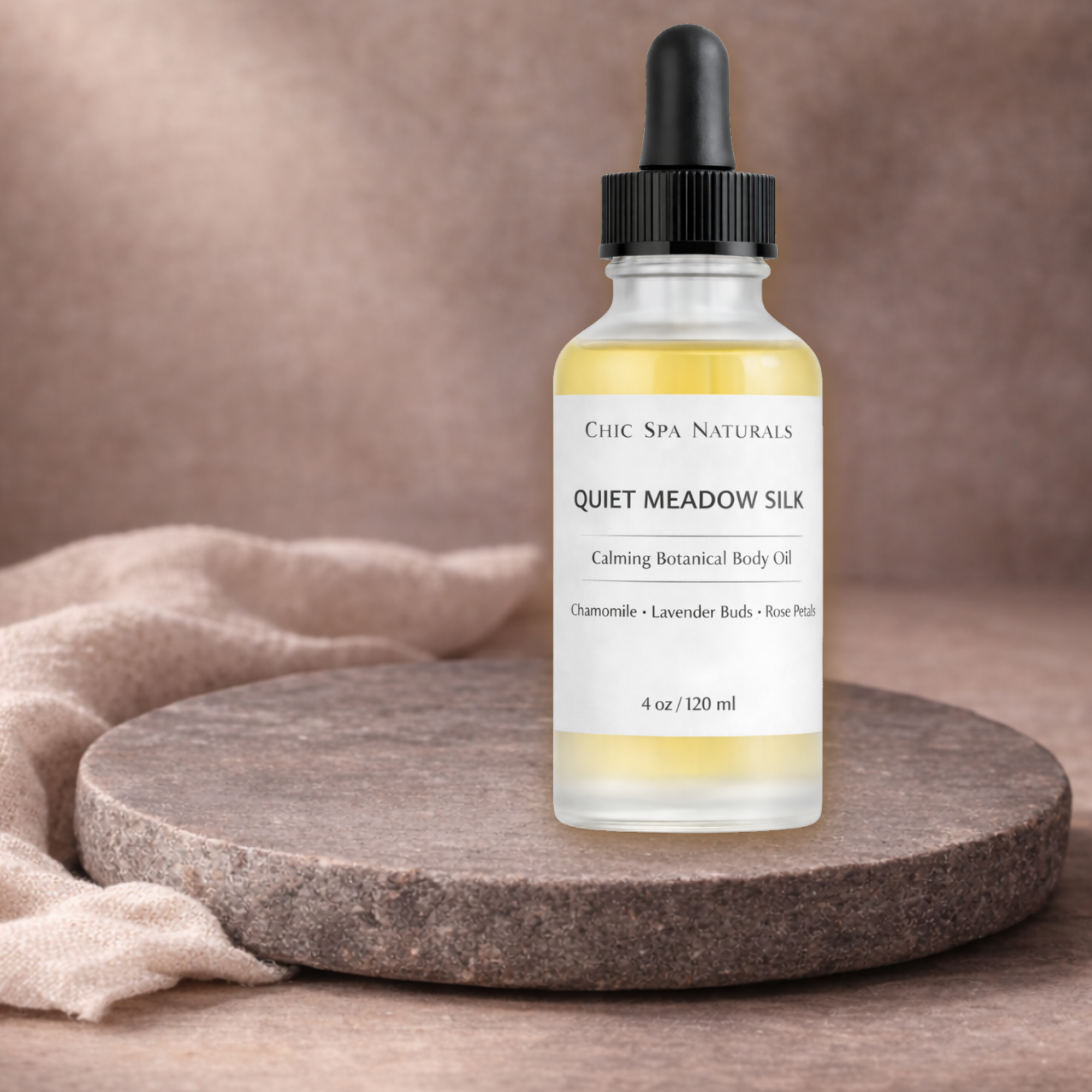 Quiet Meadow Silk calming botanical body oil in 4 oz frosted dropper bottle