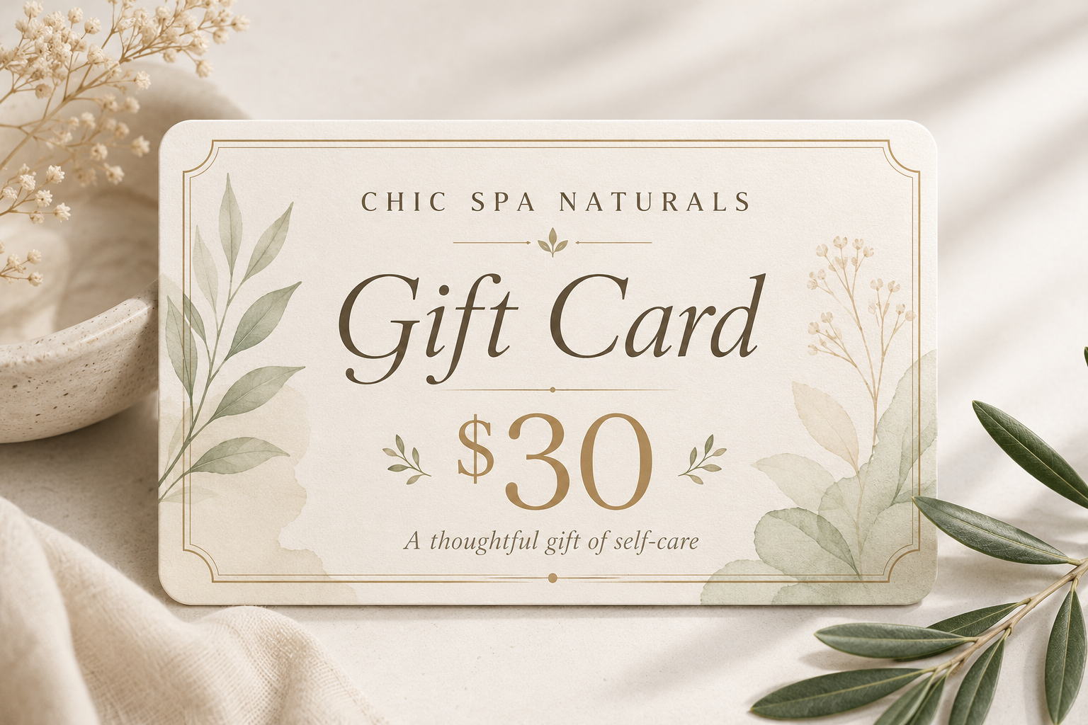 Chic Spa Naturals $30 digital gift card for handcrafted skincare and self-care products
