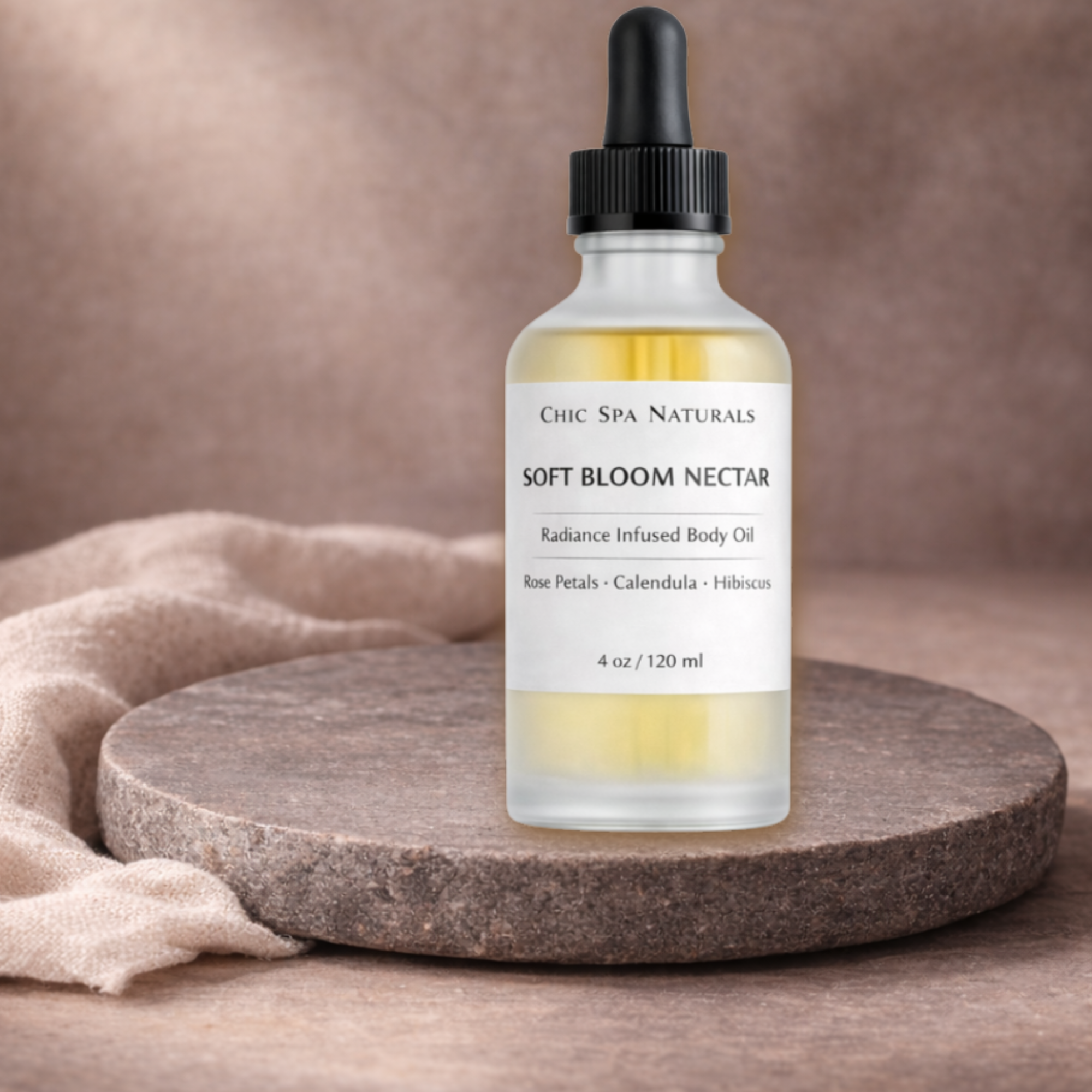 Soft Bloom Nectar radiance infused body oil in 4 oz frosted dropper bottle