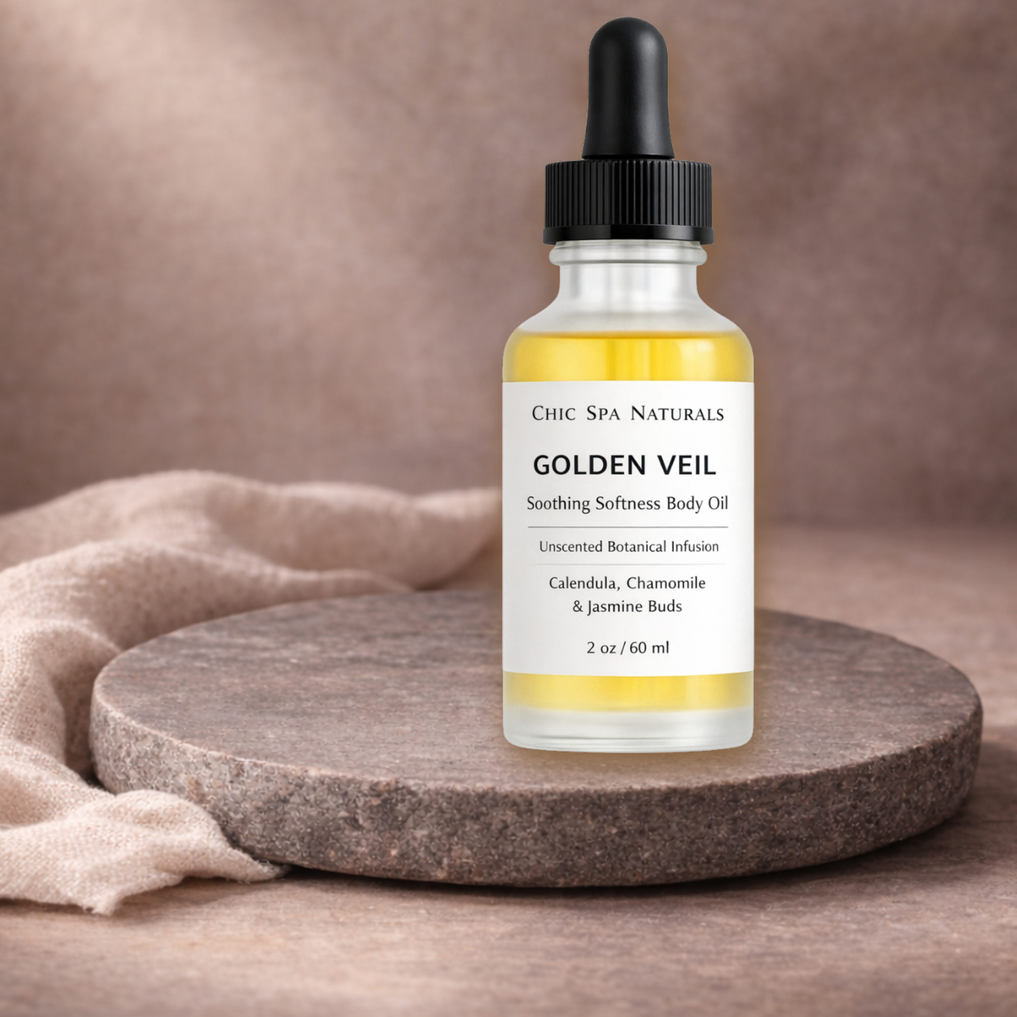 Golden Veil soothing softness body oil in 2 oz frosted dropper bottle