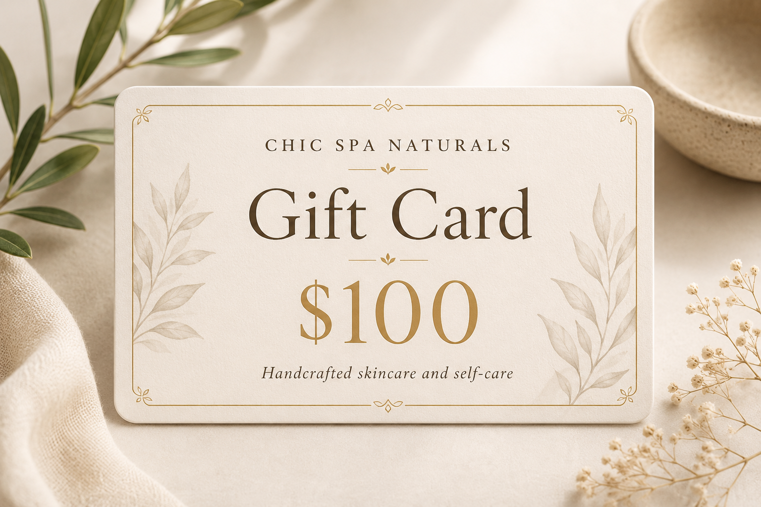 Chic Spa Naturals $100 digital gift card for handcrafted skincare and self-care products
