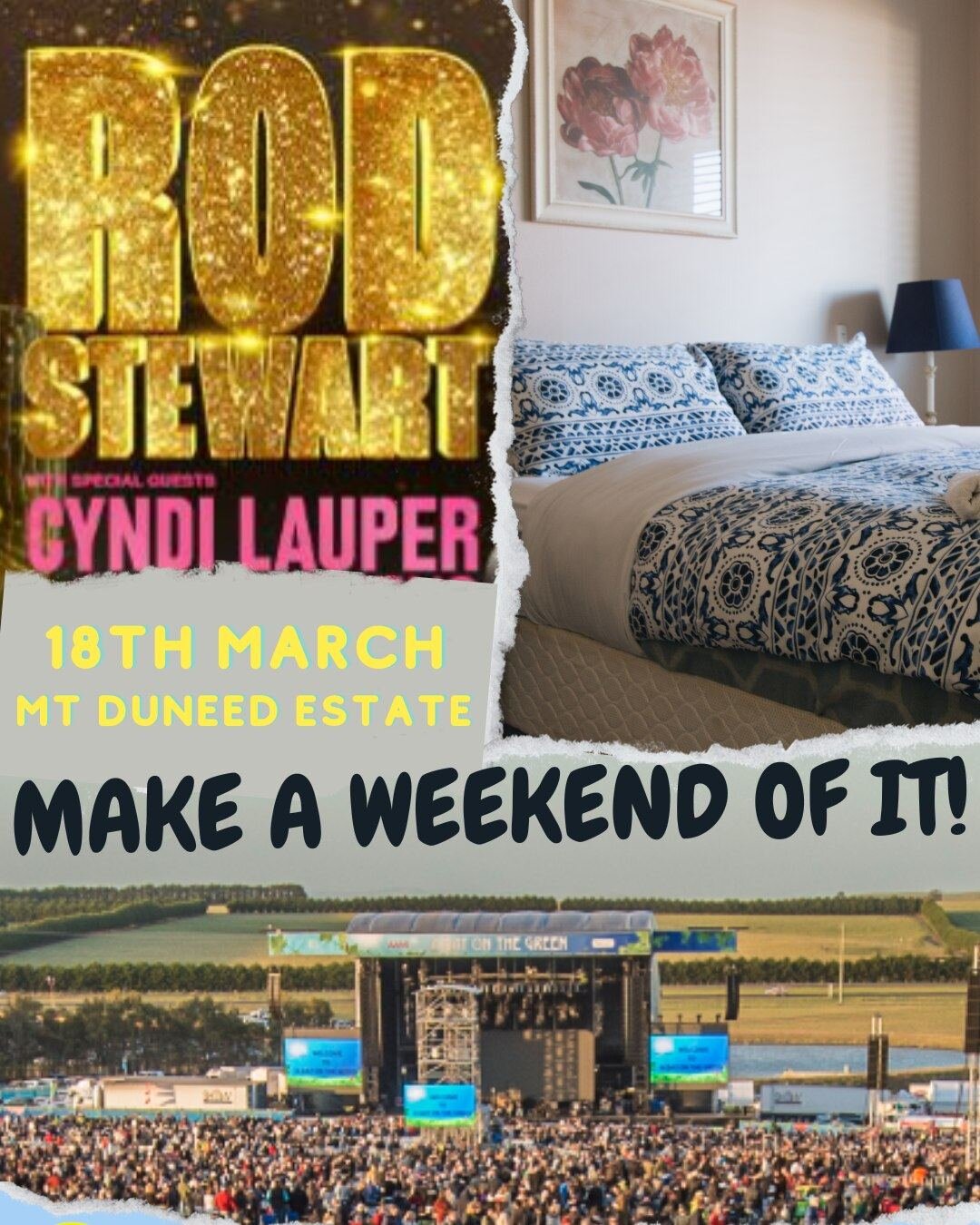 Been pumping the tunes, listening to the legendary Sir Rod Stewart this afternoon. Can't wait to see him and Cyndi Lauper live at Mt Duneed Estate on 18th March 2023 for A Day on the Green. 
Have you got your accomodation sorted yet for any of the Da