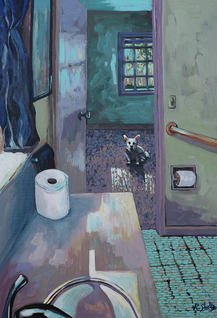 Bathroom and Small Dog Acrylic Painting