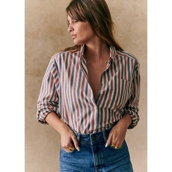 Max Shirt in Blue Ecru Burgundy Stripes