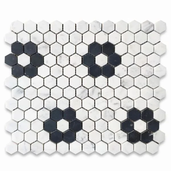 Carrara White Marble 1 inch Hexagon Rosette Mosaic Tile w/ Nero Marquina Black Honed