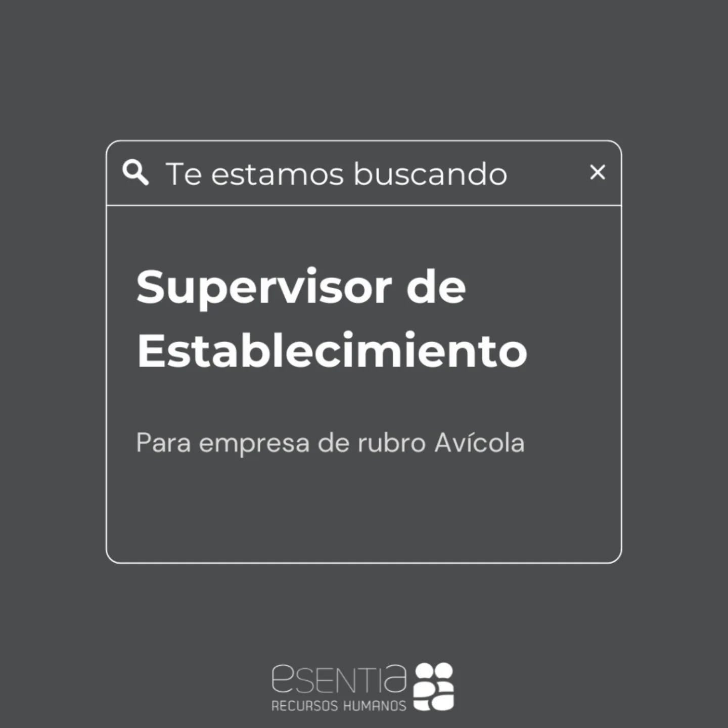 &iexcl;Nueva oportunidad! 📢

Nos encontramos en b&uacute;squeda de un Supervisor de Establecimiento para sumarse a una importante empresa Av&iacute;cola.🔍

📍 Jornada: L a V Full time. 2 fines de semana al mes
📆 Modalidad: Presencial - C&oacute;rd
