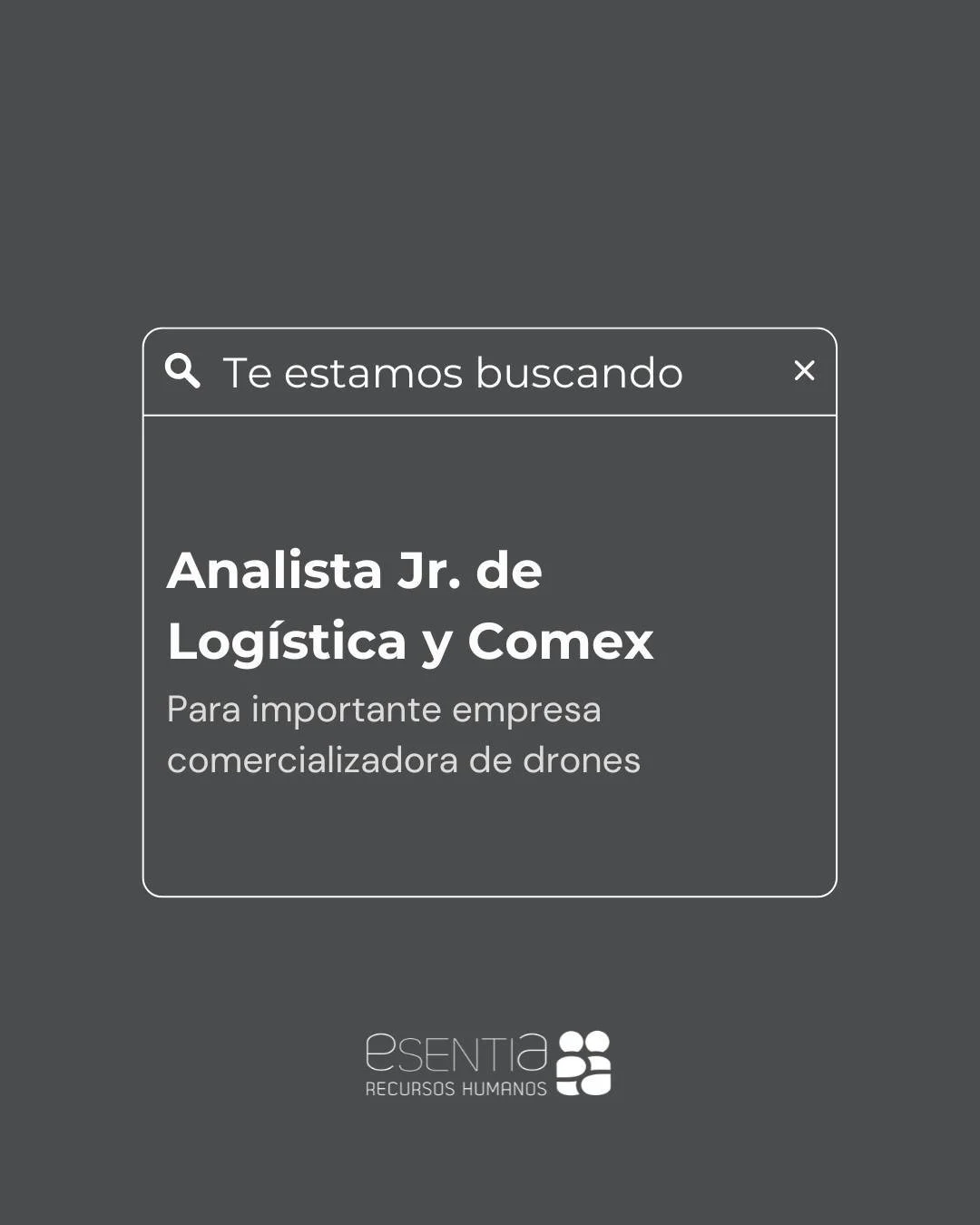 Estamos buscando Analista Jr. de Log&iacute;stica y Comex

📍 Ubicaci&oacute;n: C&oacute;rdoba
 🕘Jornada: Part- Time
 💻Modalidad: Presencial

Podes compartirnos tu CV en estos canales:
Desde nuestra web www.esentiarh.com en la secci&oacute;n &ldquo