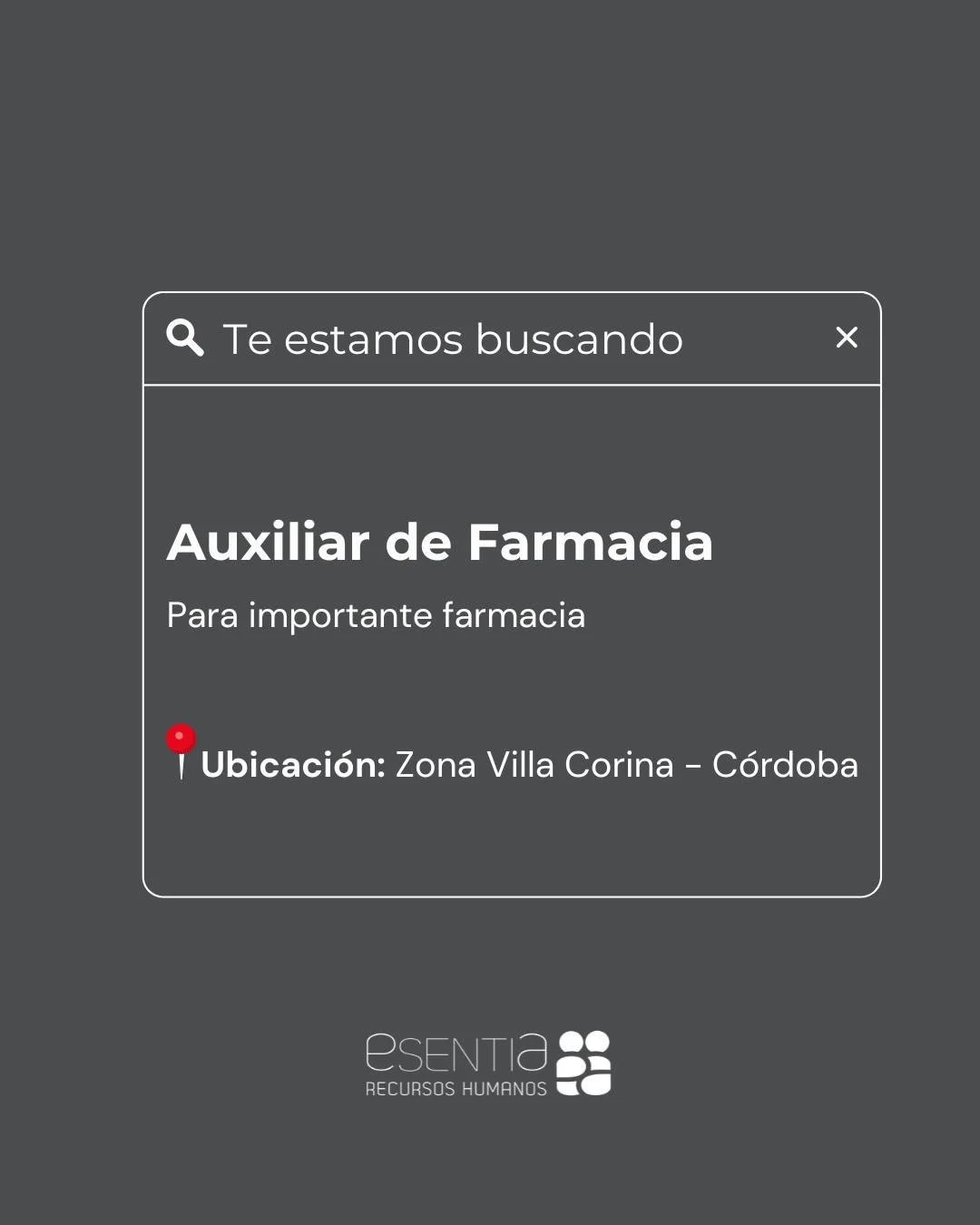 📣 &iexcl;Nueva b&uacute;squeda activa!
Nos encontramos en la b&uacute;squeda de un Auxiliar de Farmacia.

📍Ubicaci&oacute;n: Zona Villa Corina - C&oacute;rdoba
 🕘Jornada: Full-time con turnos rotativos.

🔗 Postulate en nuestra web en la secci&oac