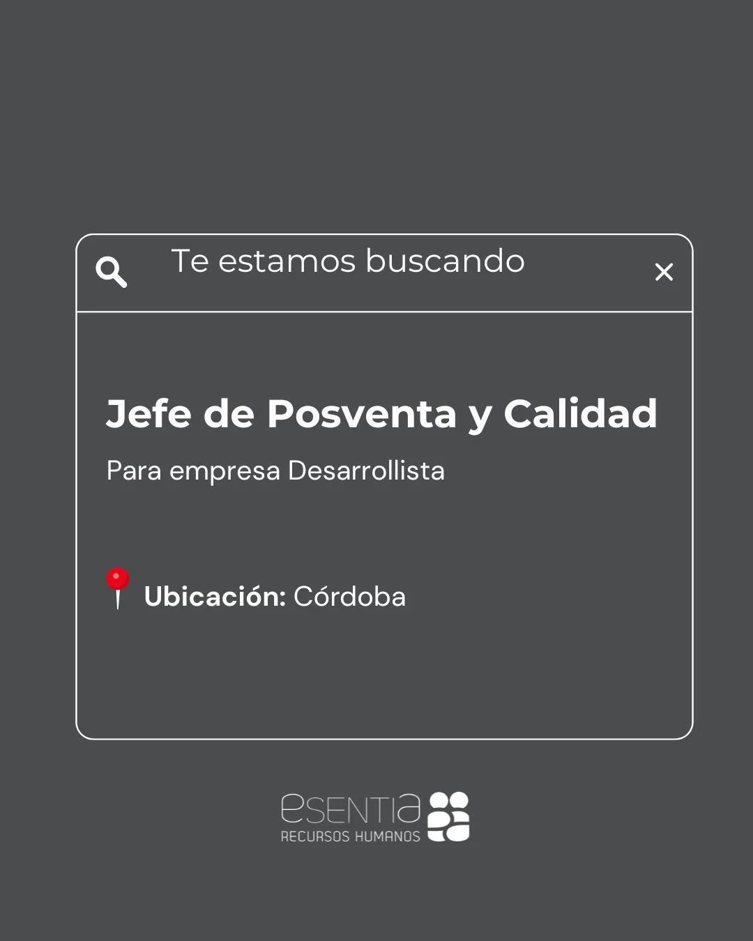 Nos encontramos en b&uacute;squeda de un Jefe de Posventa y Calidad para sumarse al equipo de una importante empresa desarrollista.

🔹Ubicaci&oacute;n: C&oacute;rdoba
🔹Modalidad: Presencial. Full time.

Postulate desde nuestra web en la secci&oacut