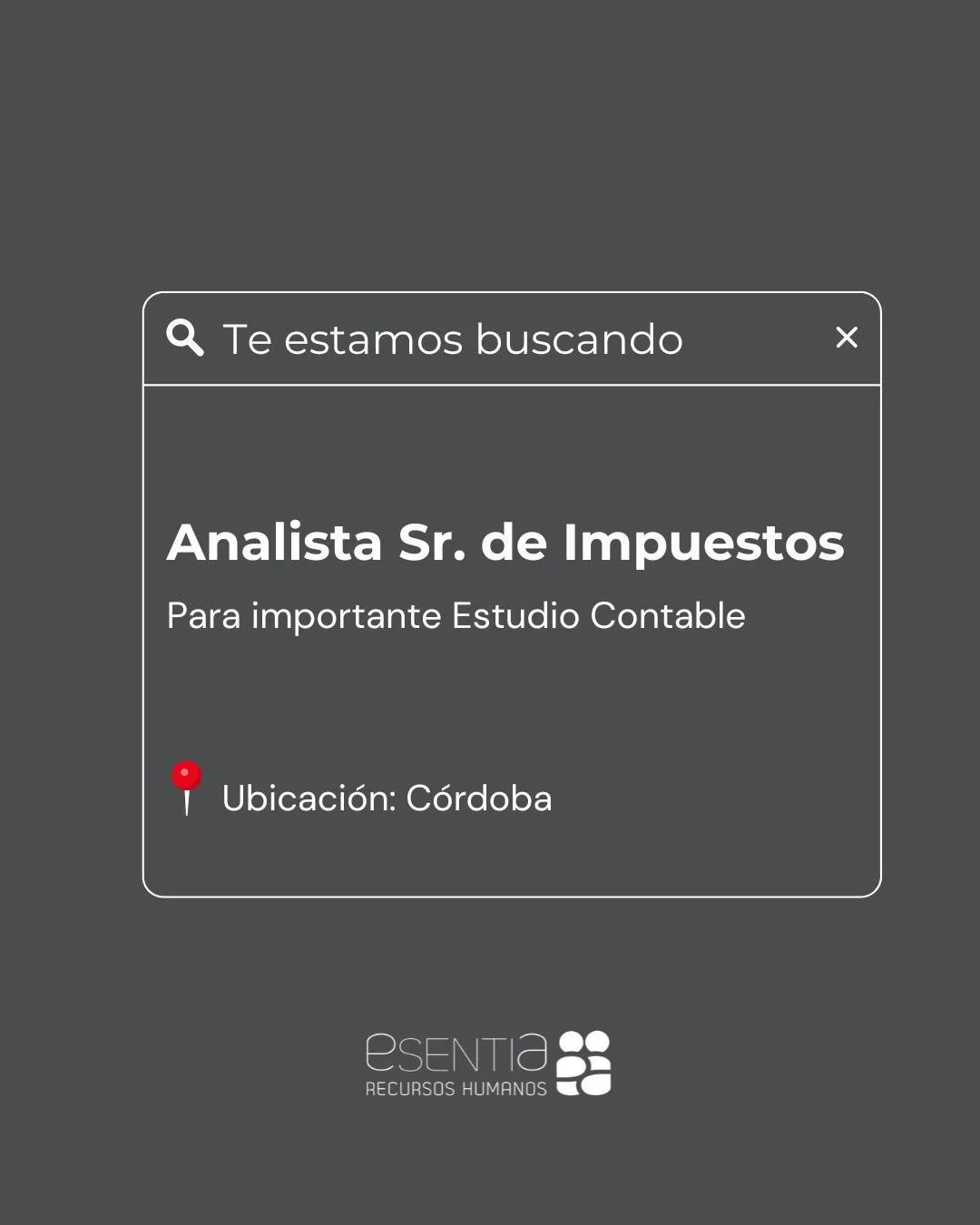 Nos encontramos en b&uacute;squeda de un Analista Sr. de Impuestos para sumarse al equipo de un importante estudio contable.

📌 Ubicaci&oacute;n: C&oacute;rdoba Capital

📌 Jornada laboral: Full-Time

📌 Modalidad: H&iacute;brida

Postulate desde nu