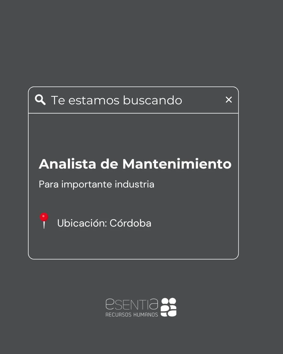 Si est&aacute;s en b&uacute;squeda activa, esta oportunidad te puede interesar 🚀

Buscamos Analista de Mantenimiento para incorporarse a una importante industria

📌 Ubicaci&oacute;n: C&oacute;rdoba Capital
📌 Jornada laboral: L a V &ndash; Presenci