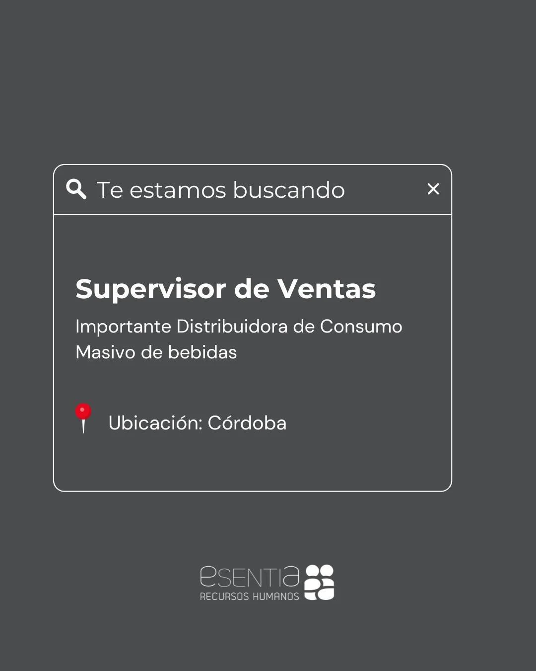 Buscamos un Supervisor de Ventas para sumarse al equipo de una importante distribuidora de consumo masivo de bebidas y golosinas.

📌 Ubicaci&oacute;n: C&oacute;rdoba
📌 Modalidad: H&iacute;brida - Full time

👉 Postulate en nuestro sitio web o envia