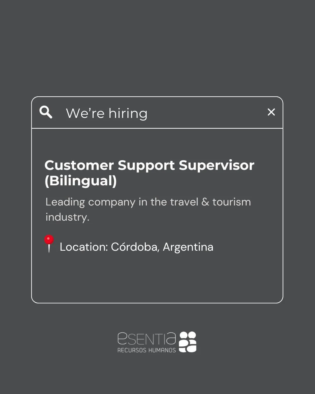 We are looking for a Customer Support Supervisor to join the team of a leading company in the travel &amp; tourism industry.

📍 Location: C&oacute;rdoba, Argentina
🏢 Work Modality: Hybrid (3 office days per week)
🕒 Schedule: Monday to Saturday | R