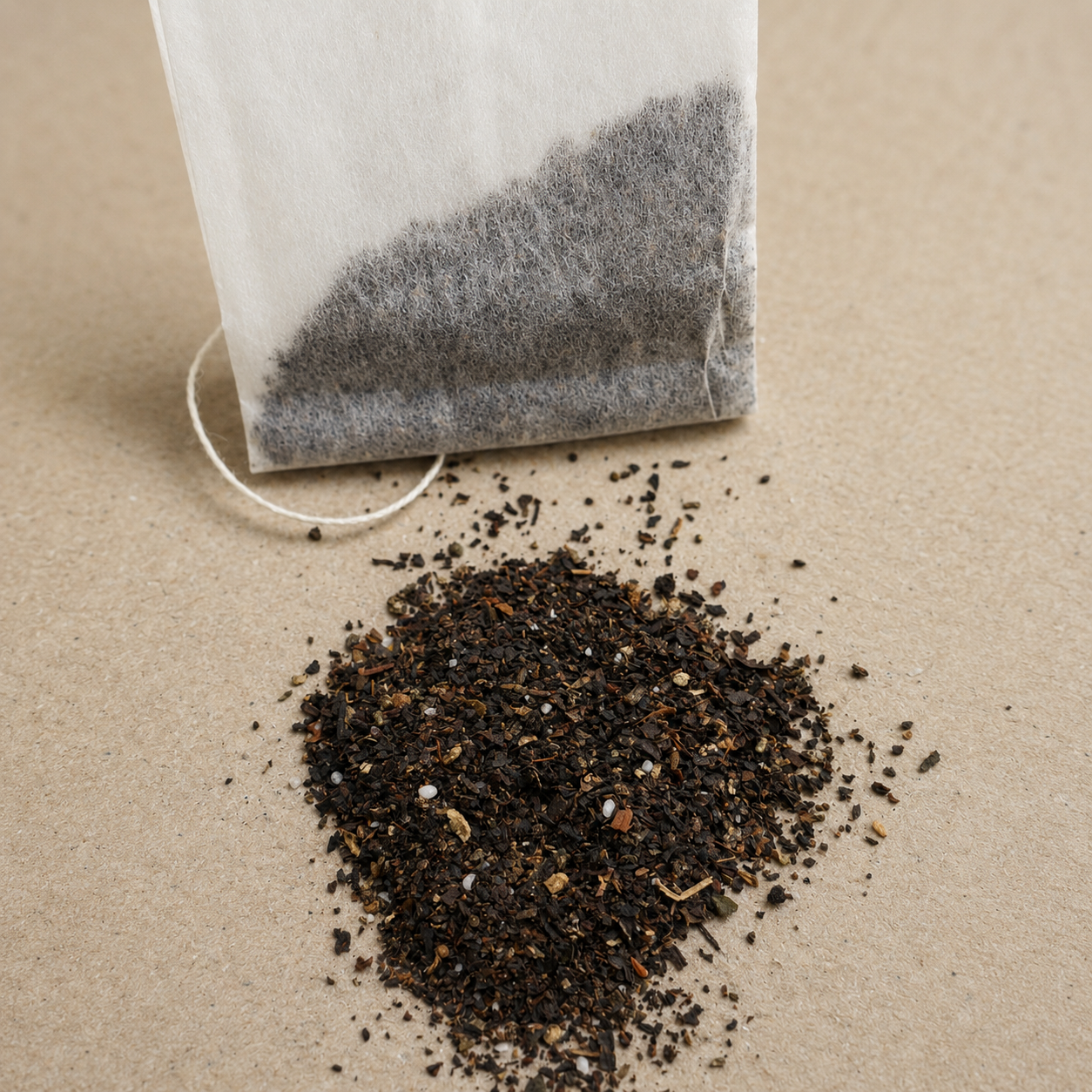 Tea bag and loose tea leaves illustrating discussions about microplastics in tea bags.