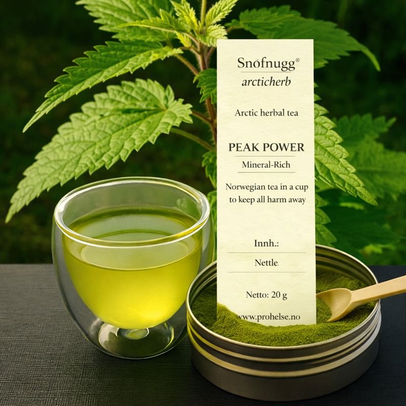 PEAK POWER arctic herbal tea made from nettle, finely ground whole-plant tea in glass jar
