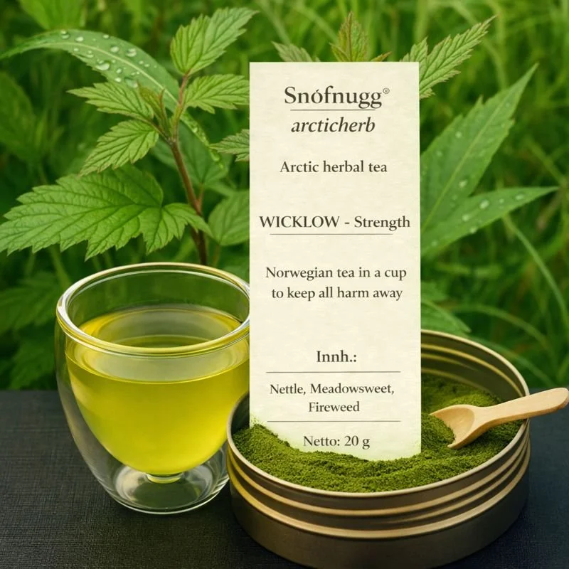 Arctic herbal tea made from meadowsweet, fireweed, and nettle, balanced and herbal.