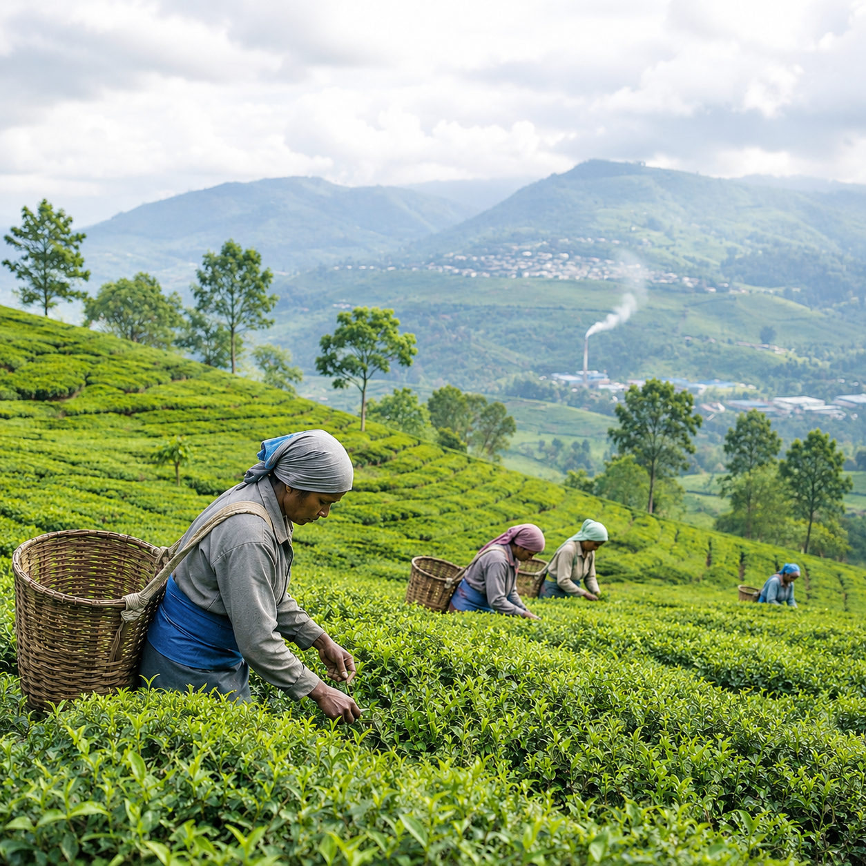 "Tea workers harvesting tea leaves on a commercial tea plantation.»