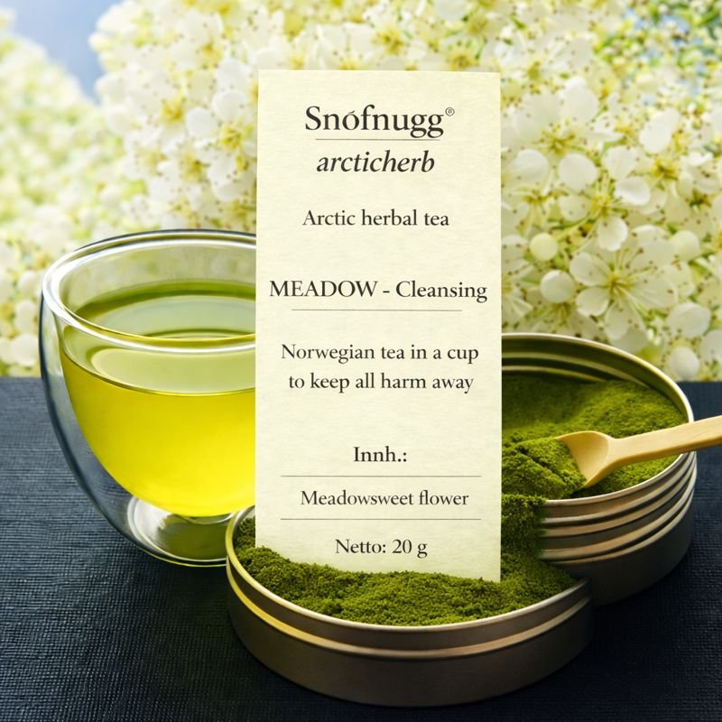 MEADOW arctic herbal tea made from meadowsweet, finely ground whole-plant tea in glass jar.
