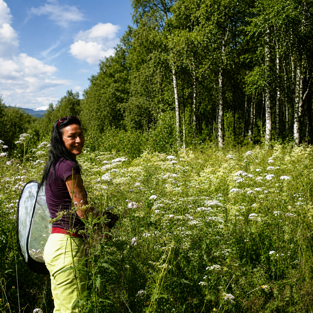 Harvesting Arctic wild herbs in Nordic nature.