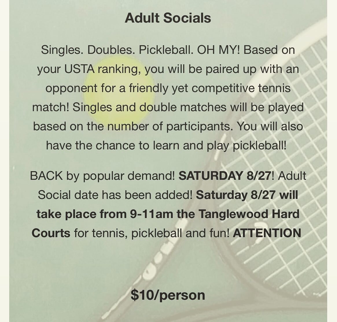 Added for the people, by the people!
.
TOMORROW! The LAST adult social do the summer! 
.
Saturday, 8/27! Tennis, pickleball, FUN!
.
3 ways to confirm&hellip;.online at advantagetennispickleball.com, by commenting 8/27 below, or text!