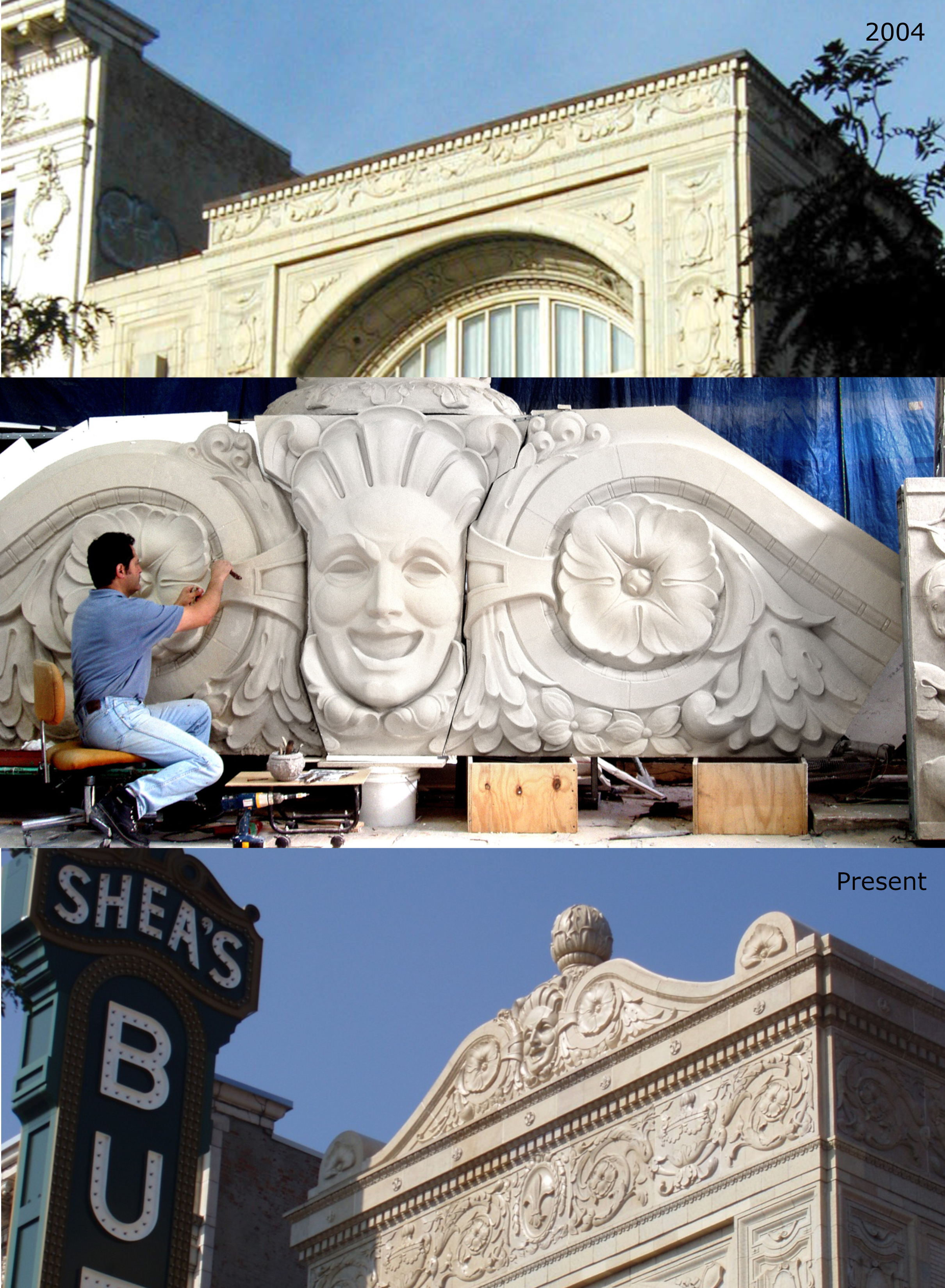 before and after image of Sheas Performing arts center restoration showing GFRC being used to replace terracotta and limestone at a historic theater in buffalo new york