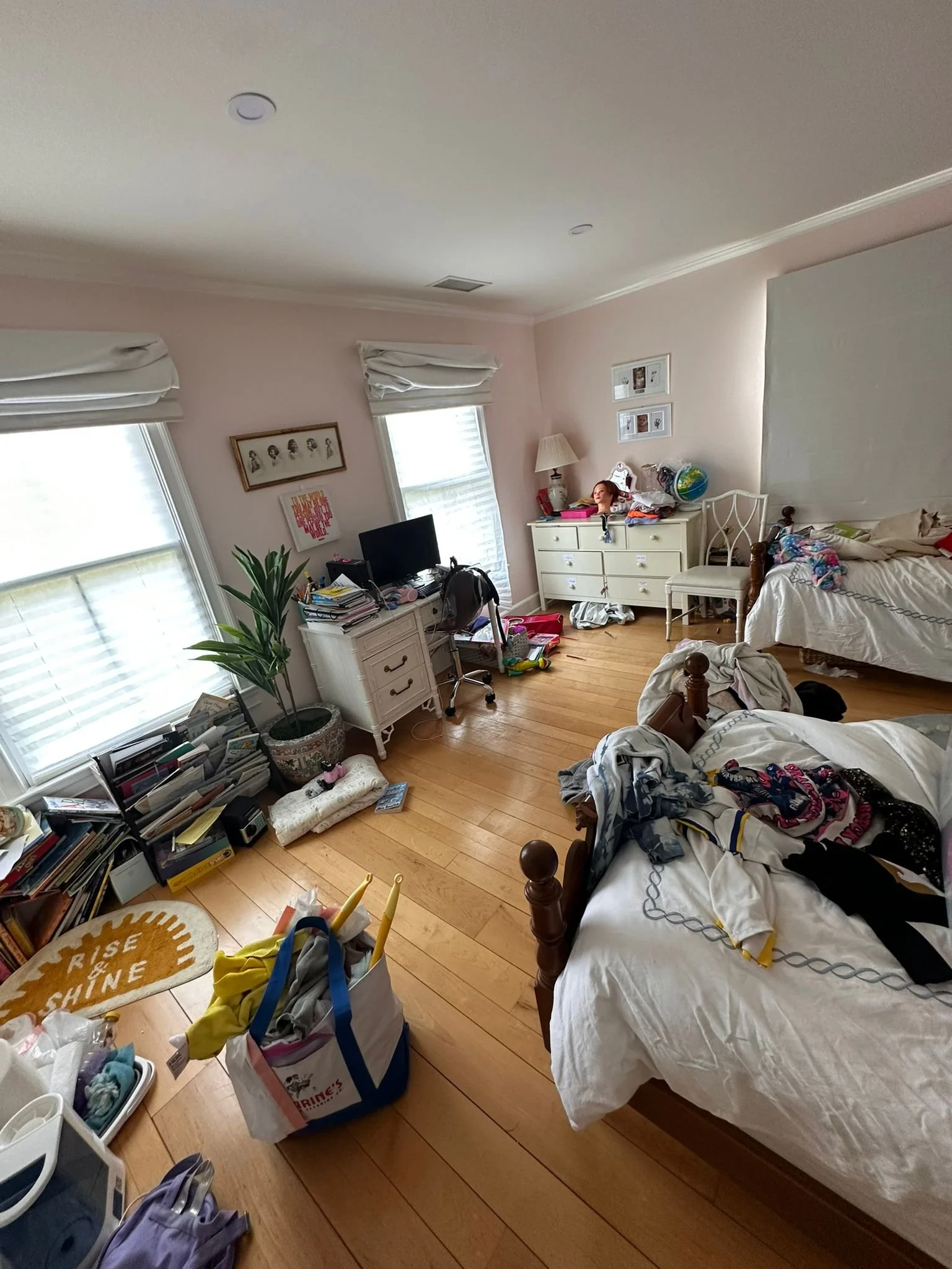 A messy bedroom. Call us now for a free house cleaning estimate in Fairfield, CT. Number 203-803-4514.